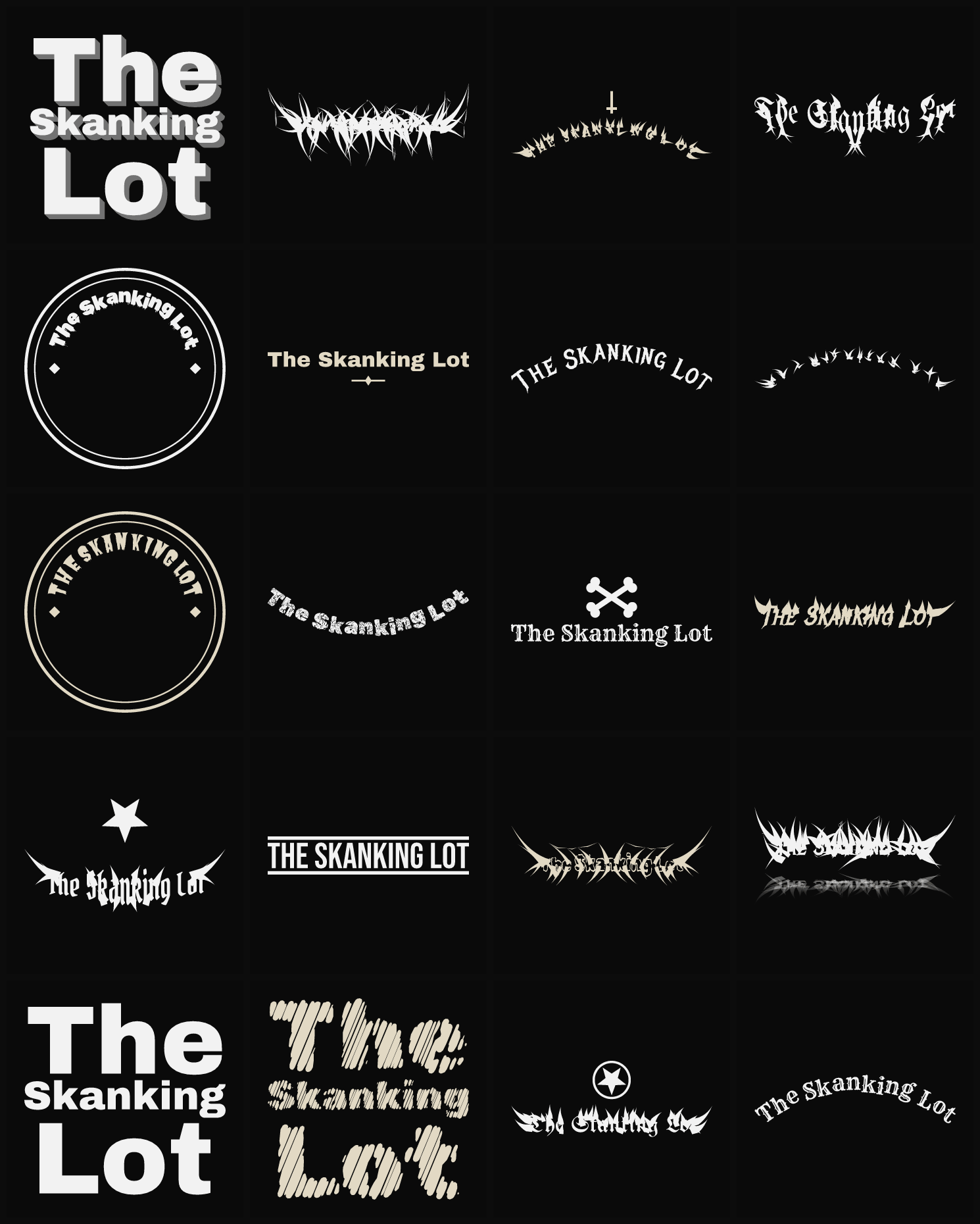 Twenty The Skanking Lot band logo ideas — different faces, treatments and spike settings