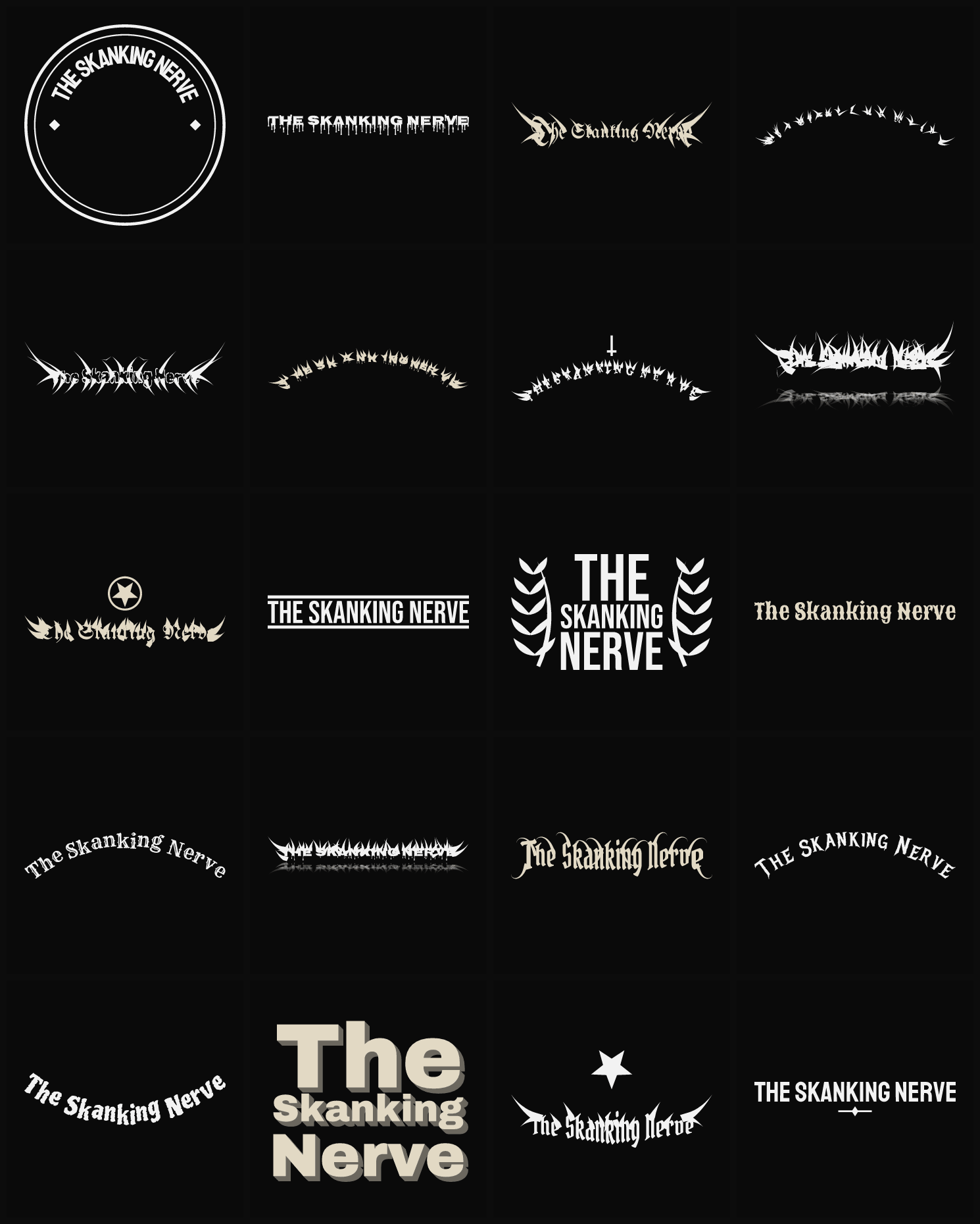 Twenty The Skanking Nerve band logo ideas — different faces, treatments and spike settings