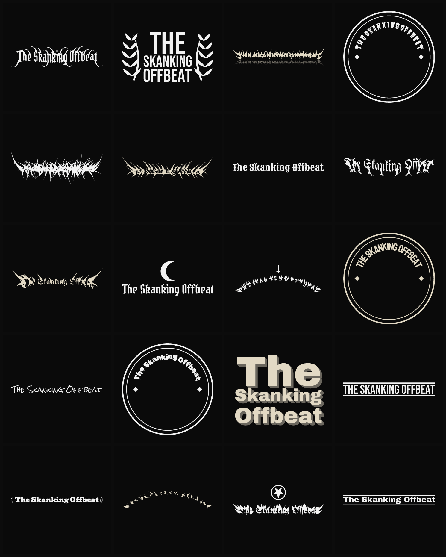 Twenty The Skanking Offbeat band logo ideas — different faces, treatments and spike settings