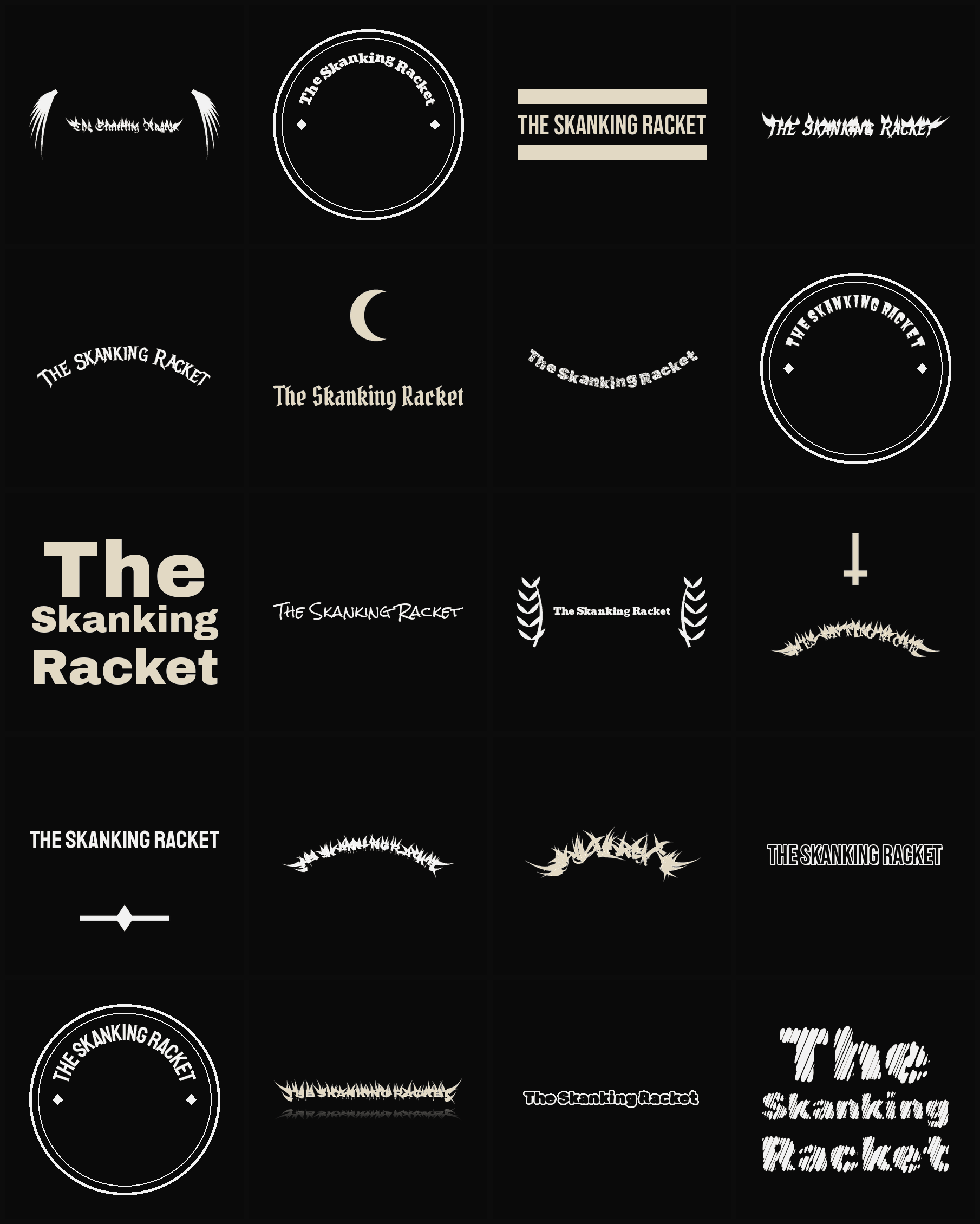 Twenty The Skanking Racket band logo ideas — different faces, treatments and spike settings