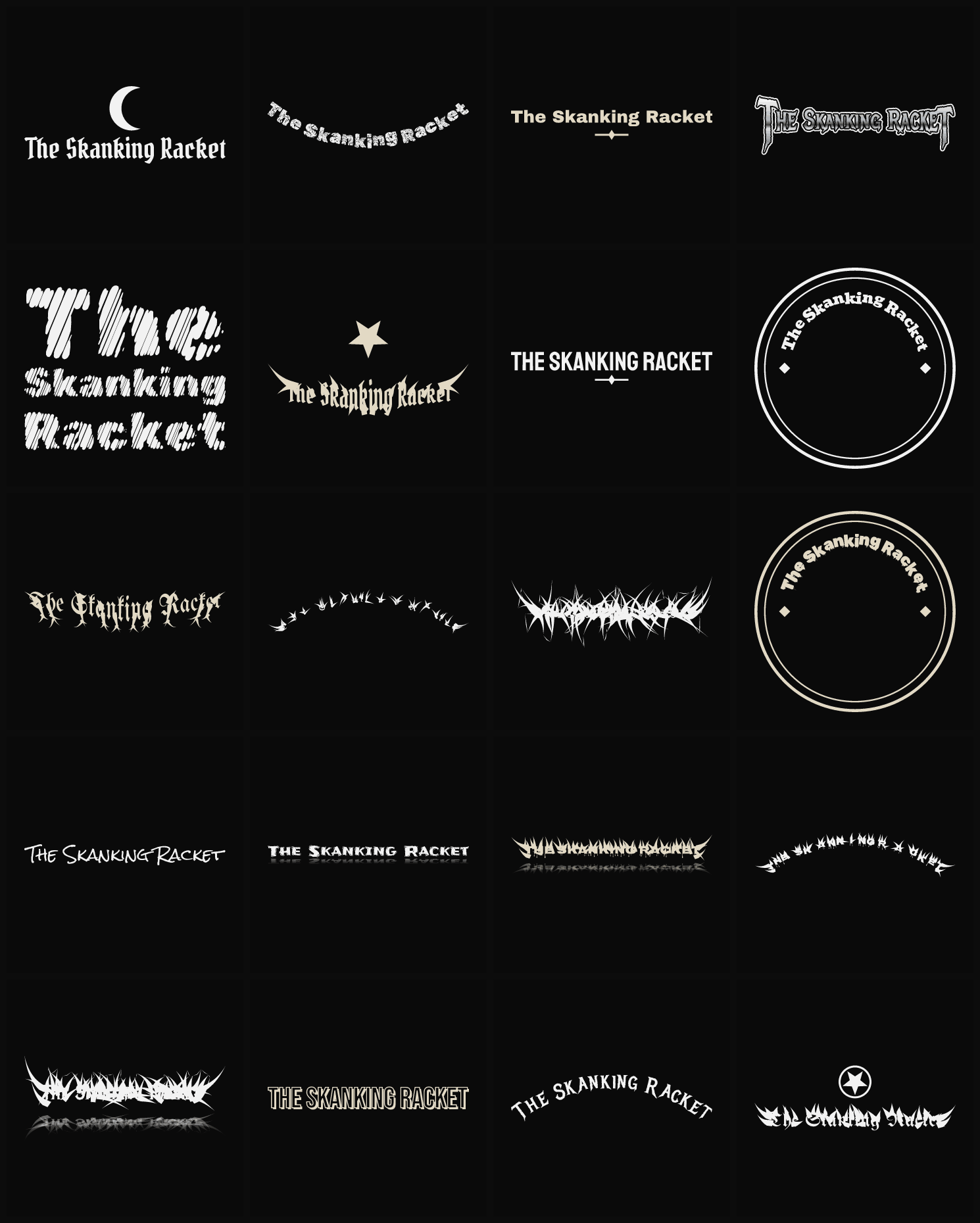 Twenty The Skanking Racket band logo ideas — different faces, treatments and spike settings