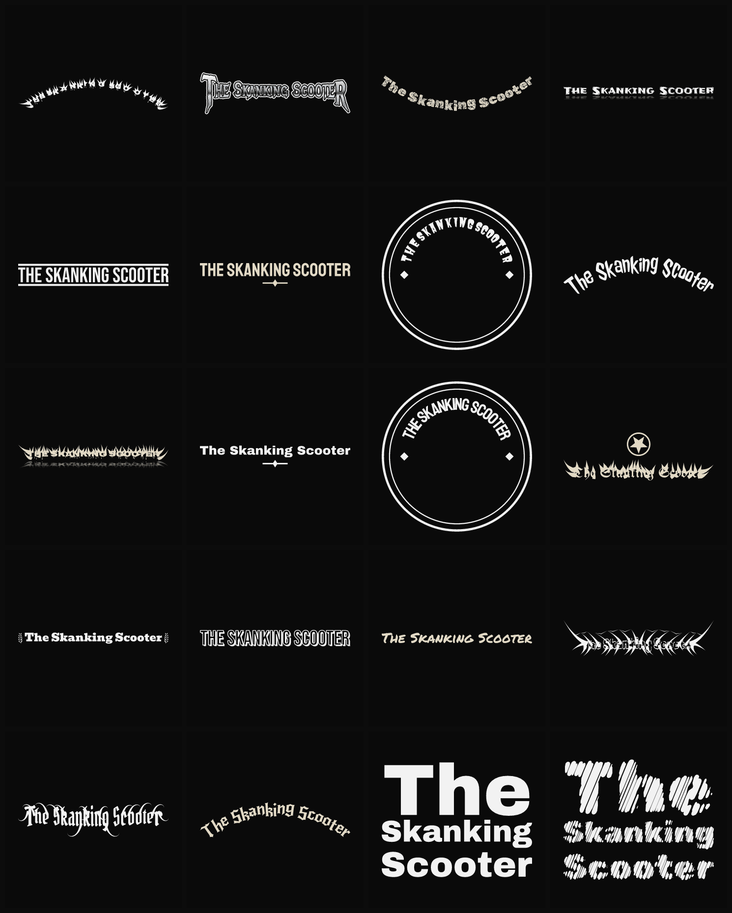 Twenty The Skanking Scooter band logo ideas — different faces, treatments and spike settings