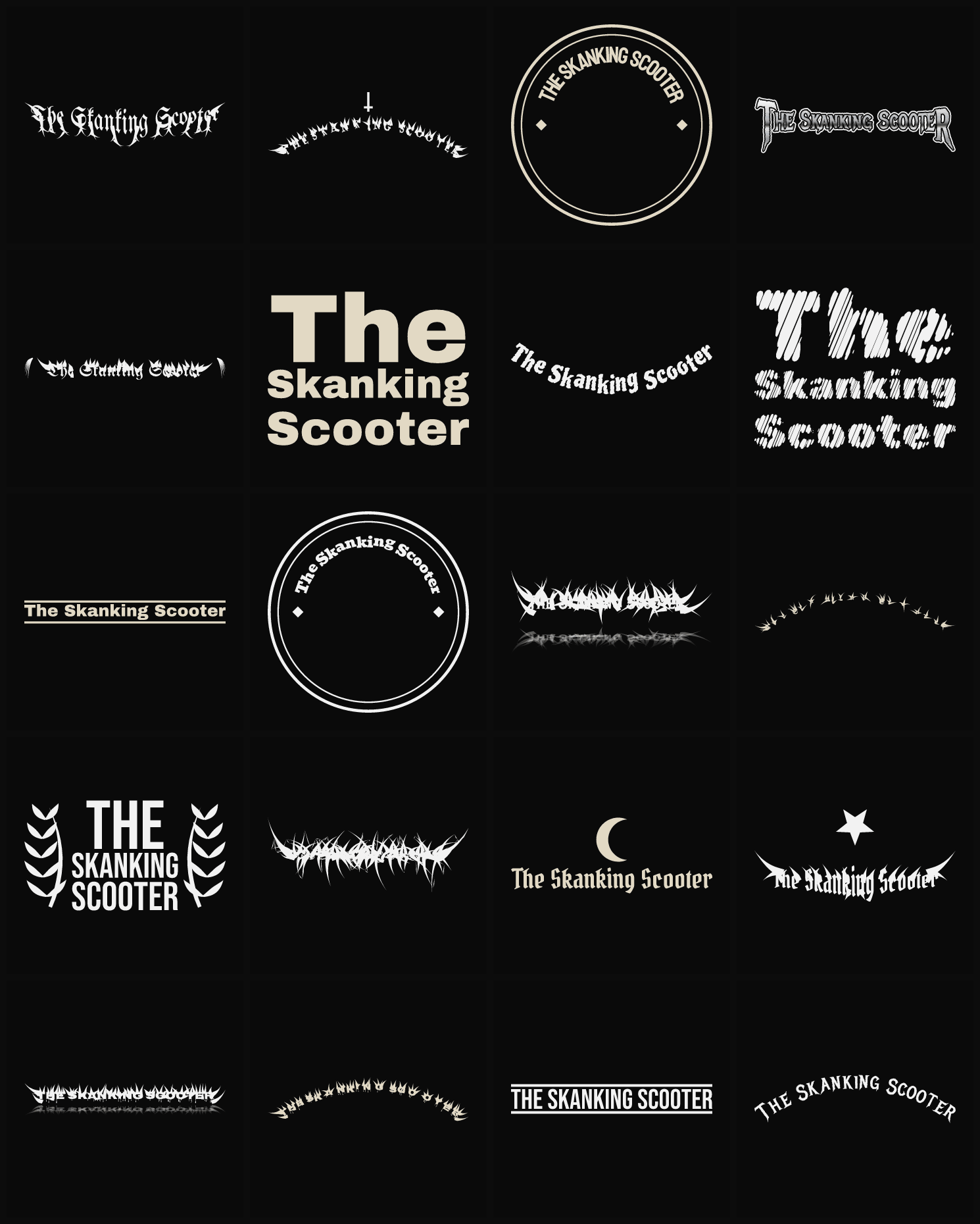 Twenty The Skanking Scooter band logo ideas — different faces, treatments and spike settings