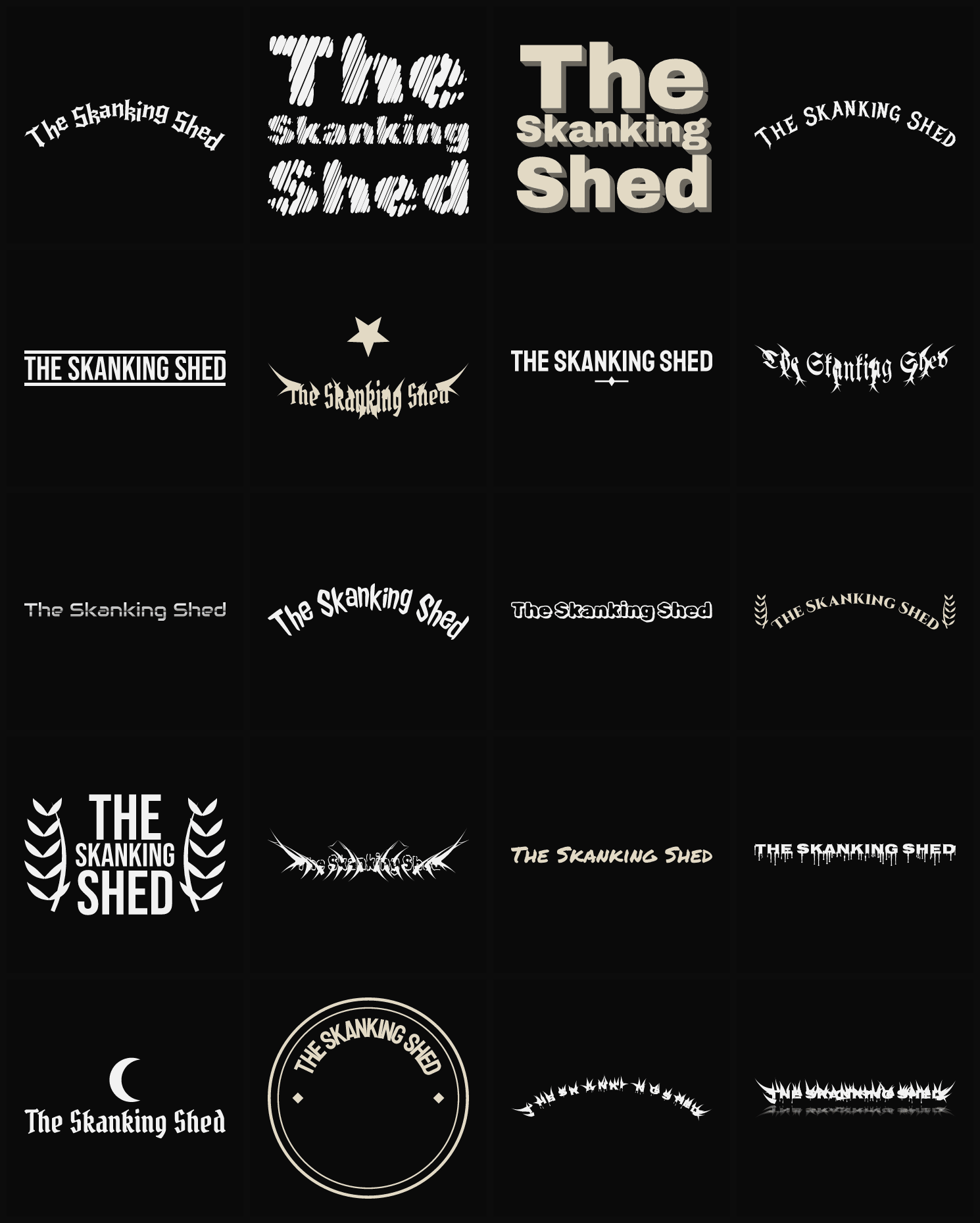 Twenty The Skanking Shed band logo ideas — different faces, treatments and spike settings