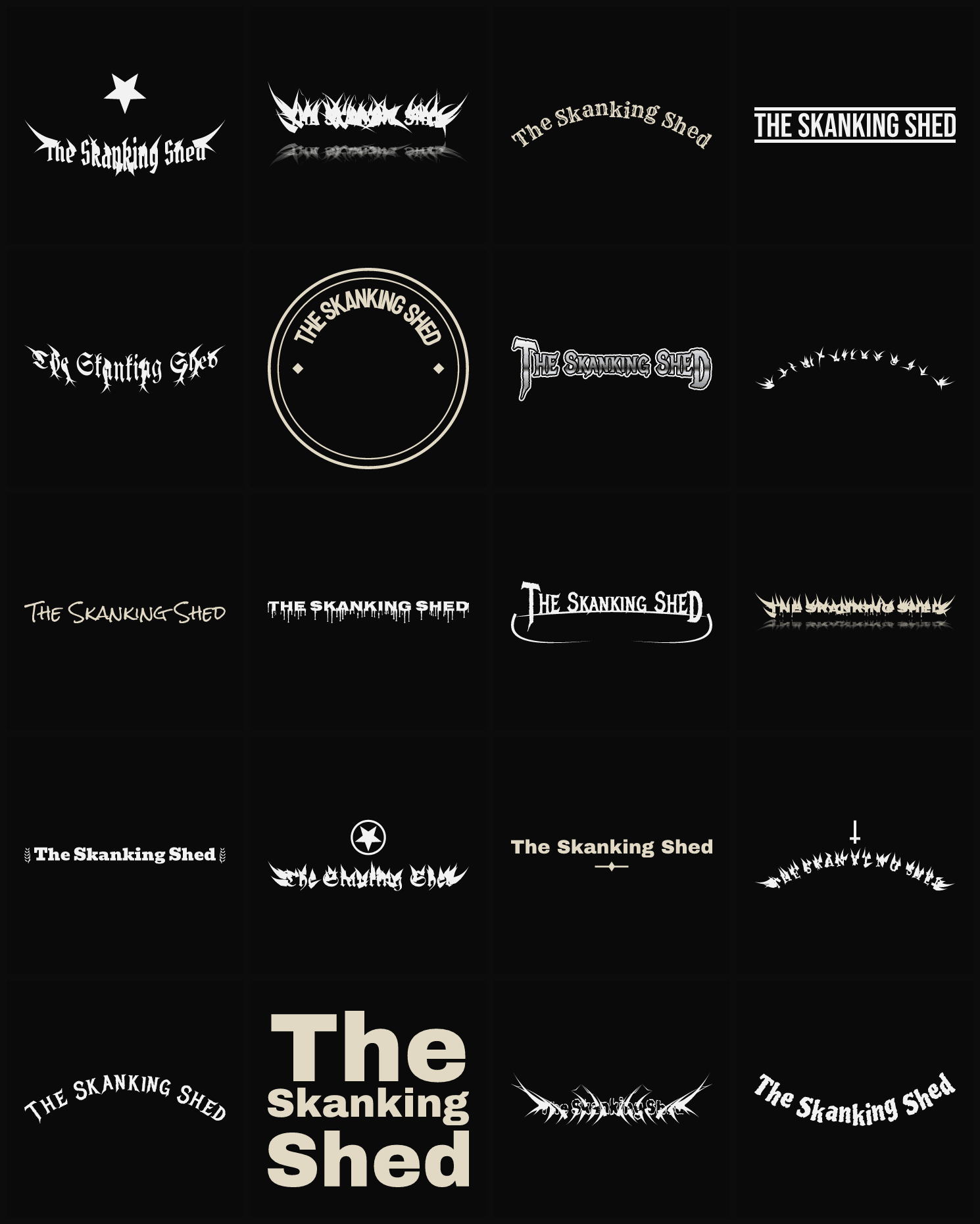 Twenty The Skanking Shed band logo ideas — different faces, treatments and spike settings