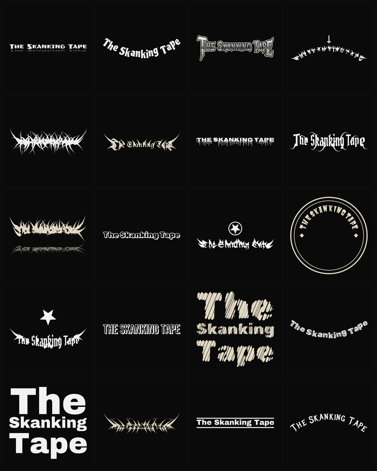 Twenty The Skanking Tape band logo ideas — different faces, treatments and spike settings