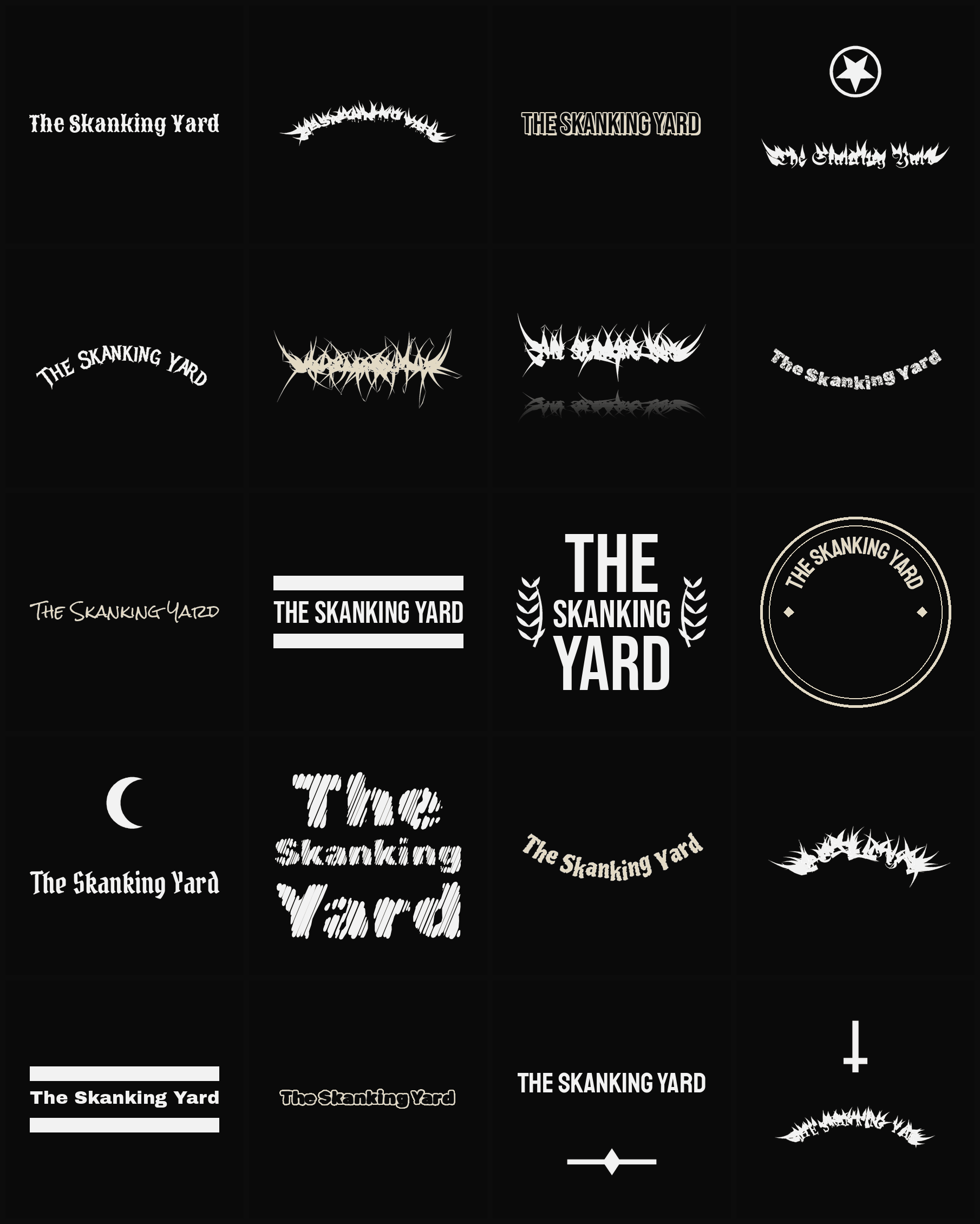 Twenty The Skanking Yard band logo ideas — different faces, treatments and spike settings
