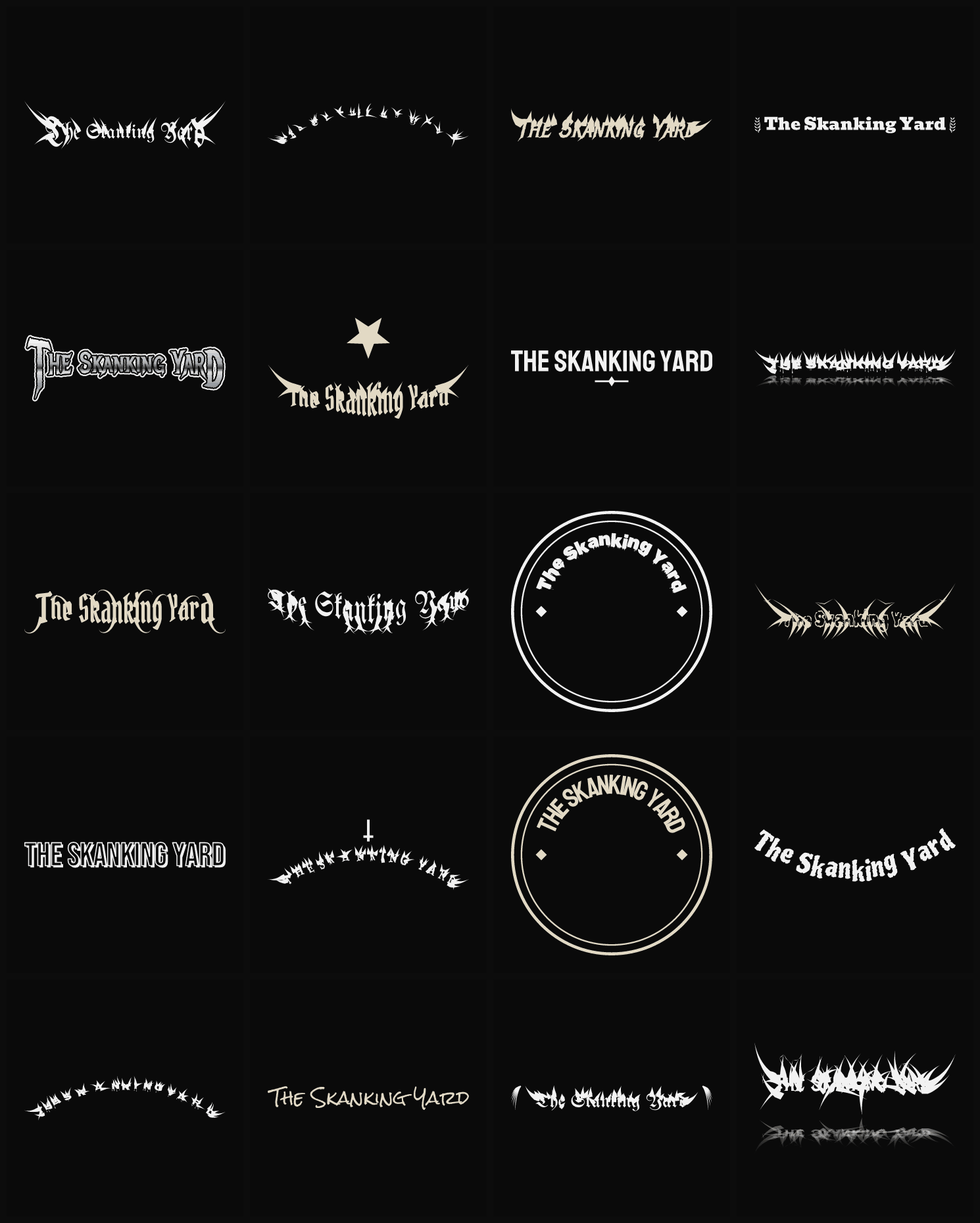 Twenty The Skanking Yard band logo ideas — different faces, treatments and spike settings