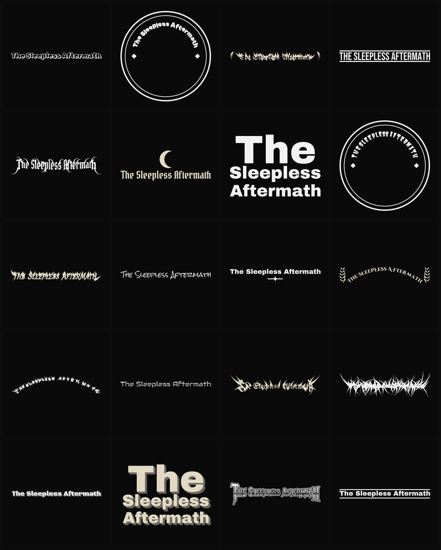 Twenty The Sleepless Aftermath band logo ideas — different faces, treatments and spike settings