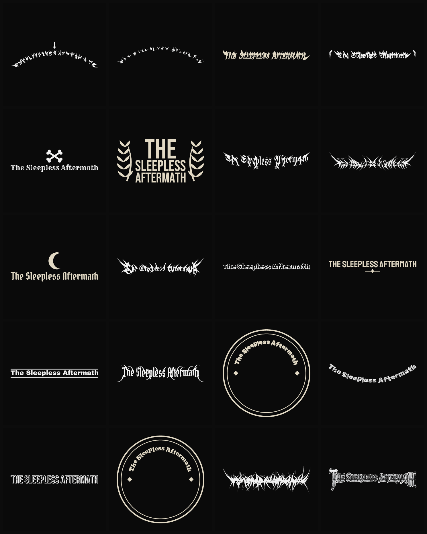 Twenty The Sleepless Aftermath band logo ideas — different faces, treatments and spike settings