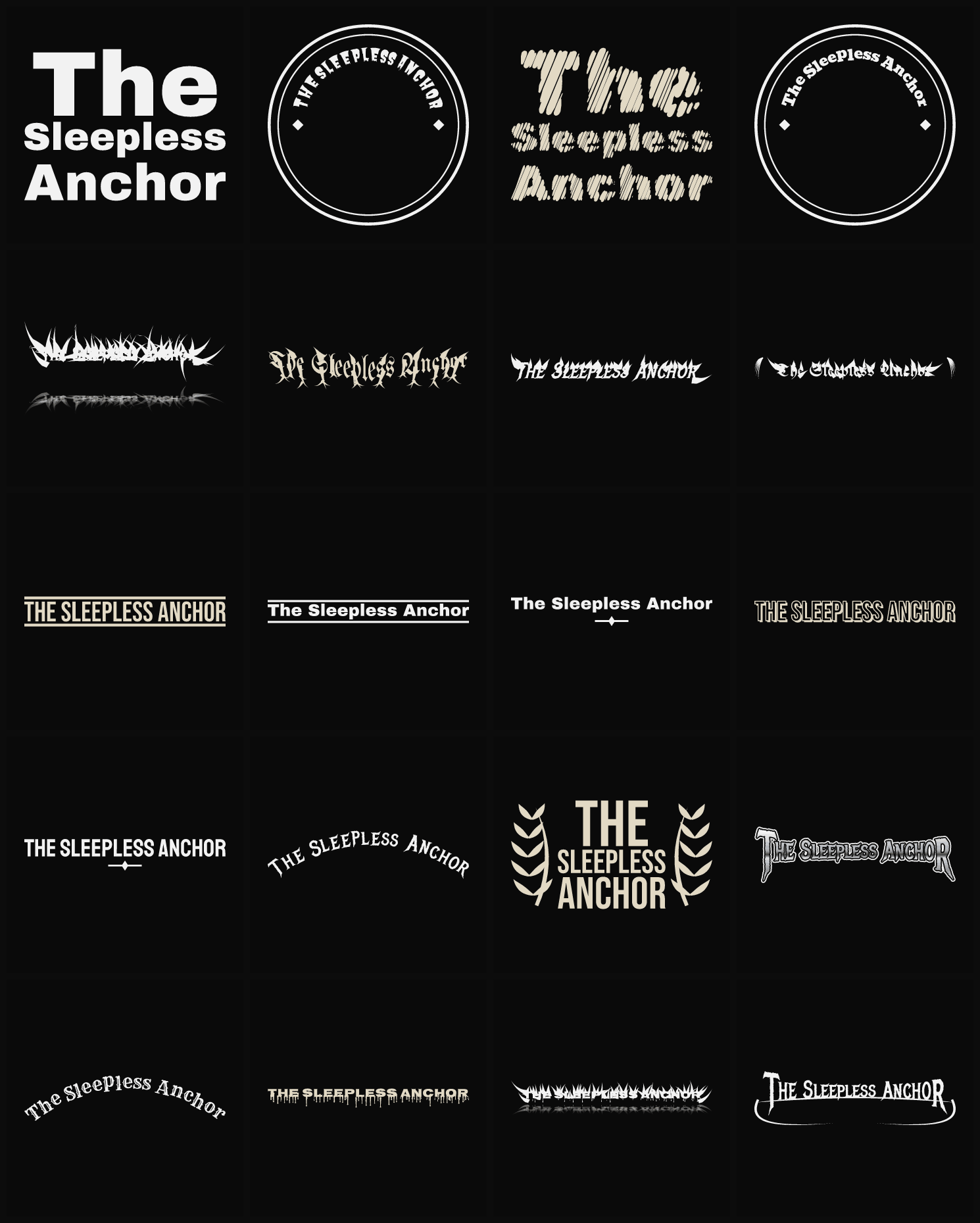 Twenty The Sleepless Anchor band logo ideas — different faces, treatments and spike settings