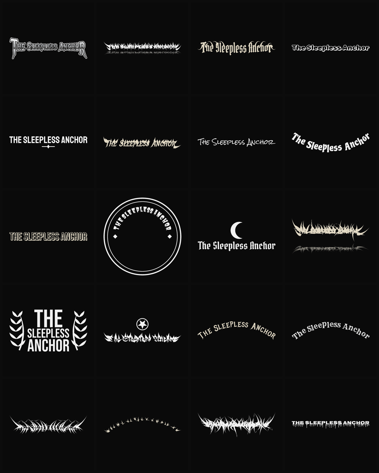 Twenty The Sleepless Anchor band logo ideas — different faces, treatments and spike settings