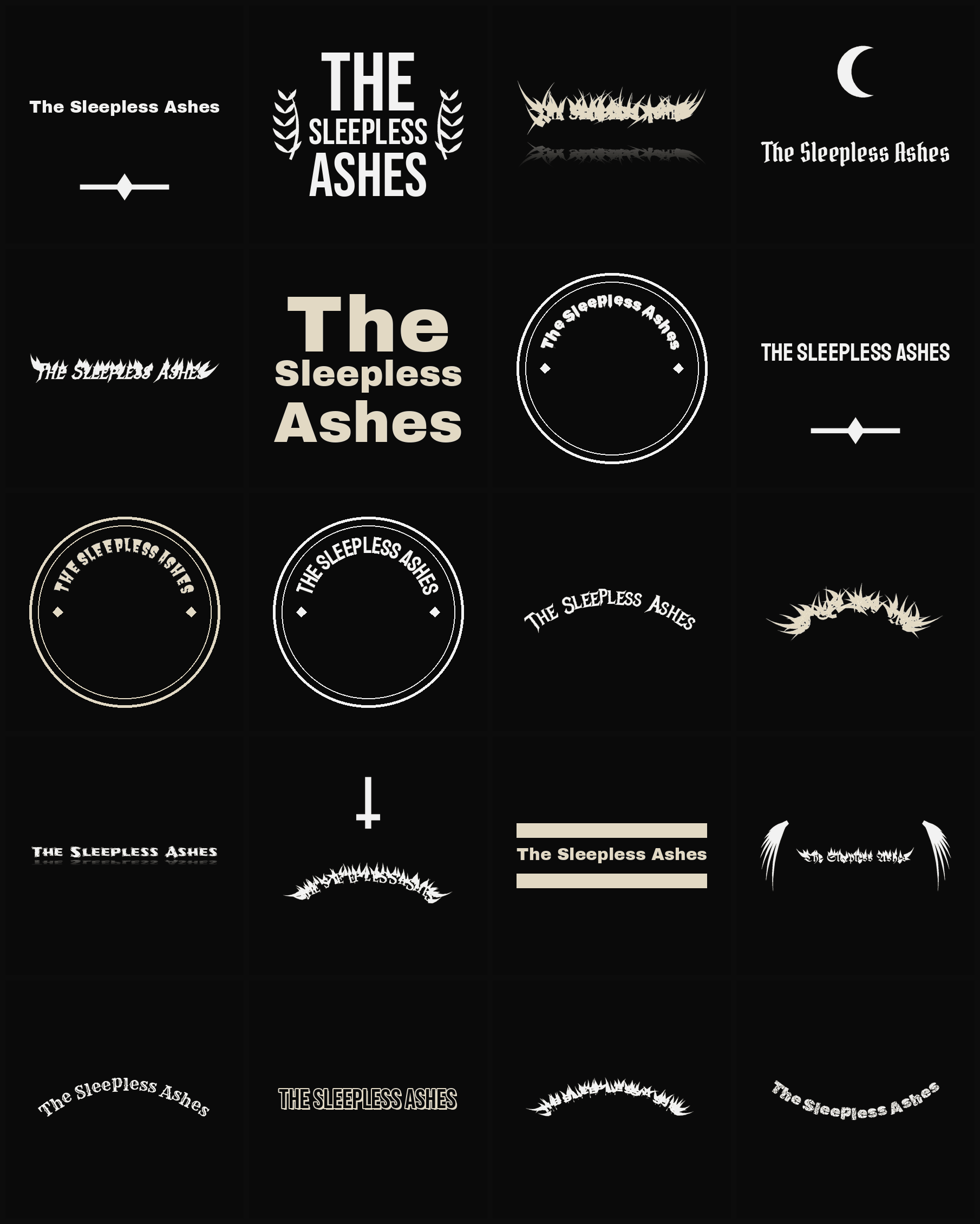 Twenty The Sleepless Ashes band logo ideas — different faces, treatments and spike settings