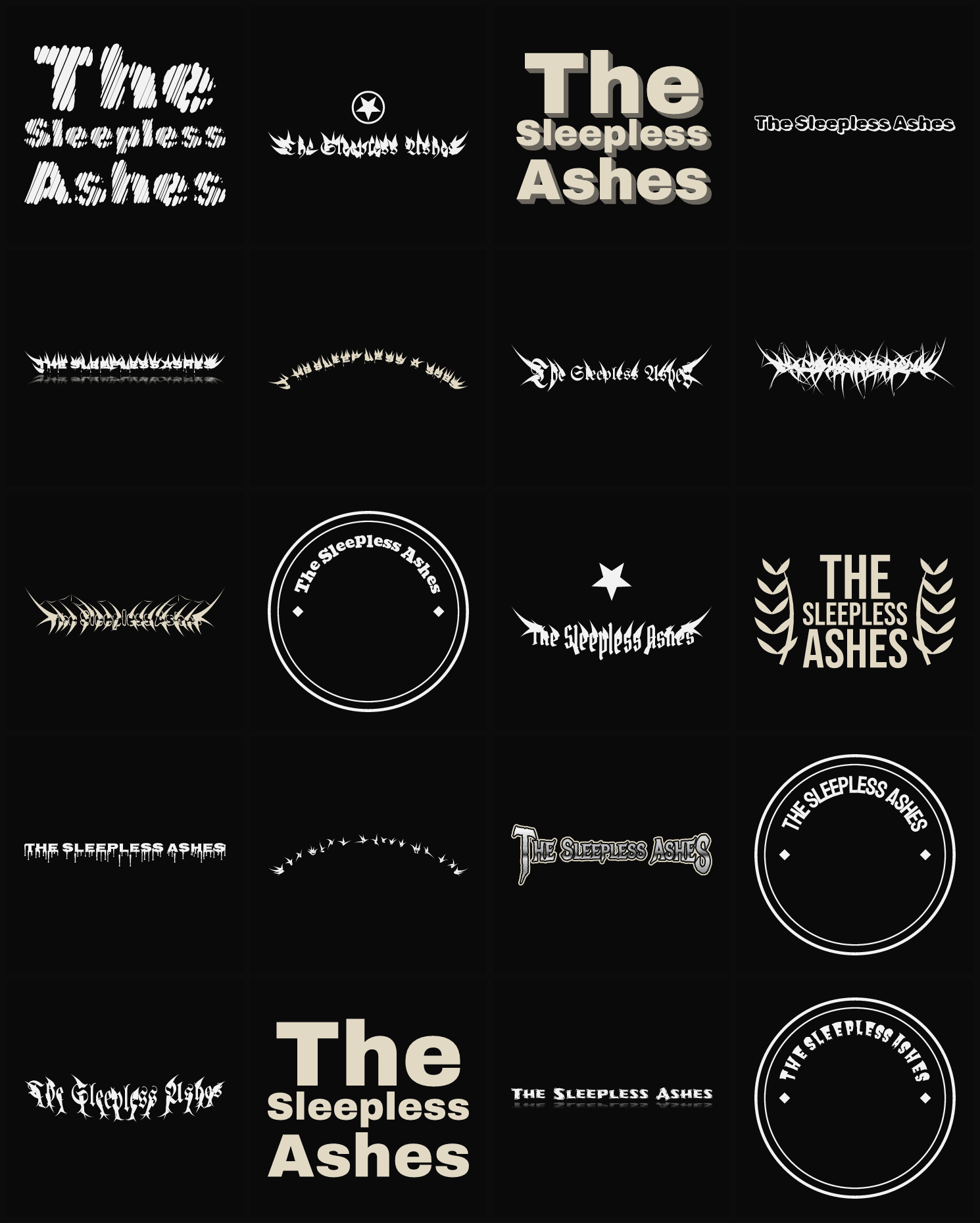 Twenty The Sleepless Ashes band logo ideas — different faces, treatments and spike settings