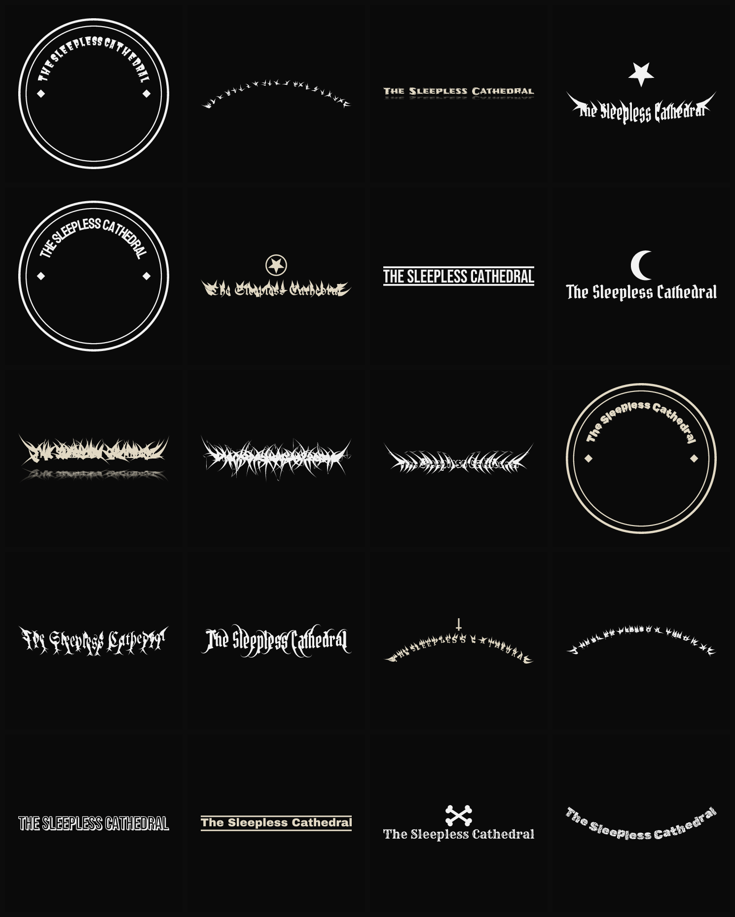 Twenty The Sleepless Cathedral band logo ideas — different faces, treatments and spike settings