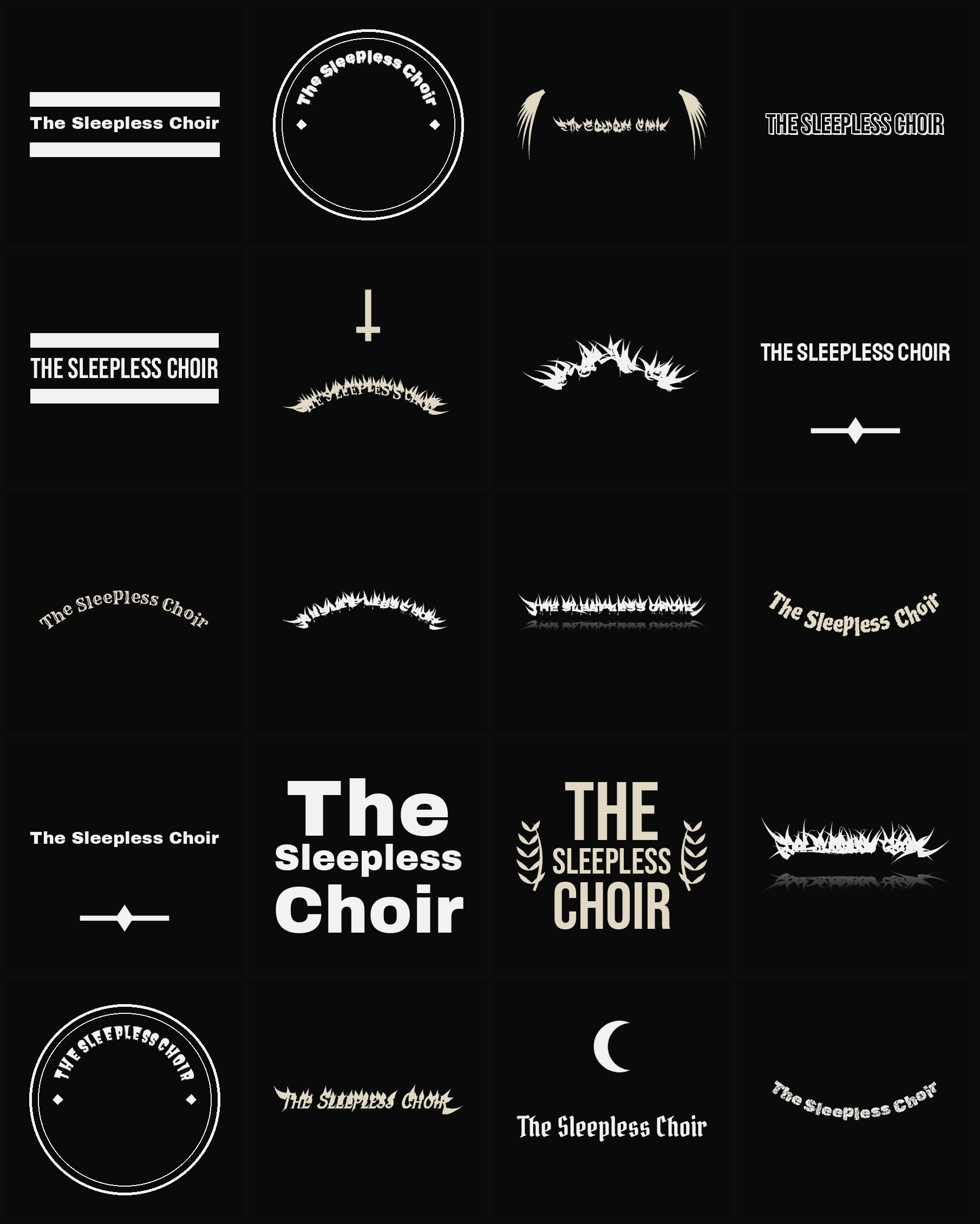 Twenty The Sleepless Choir band logo ideas — different faces, treatments and spike settings