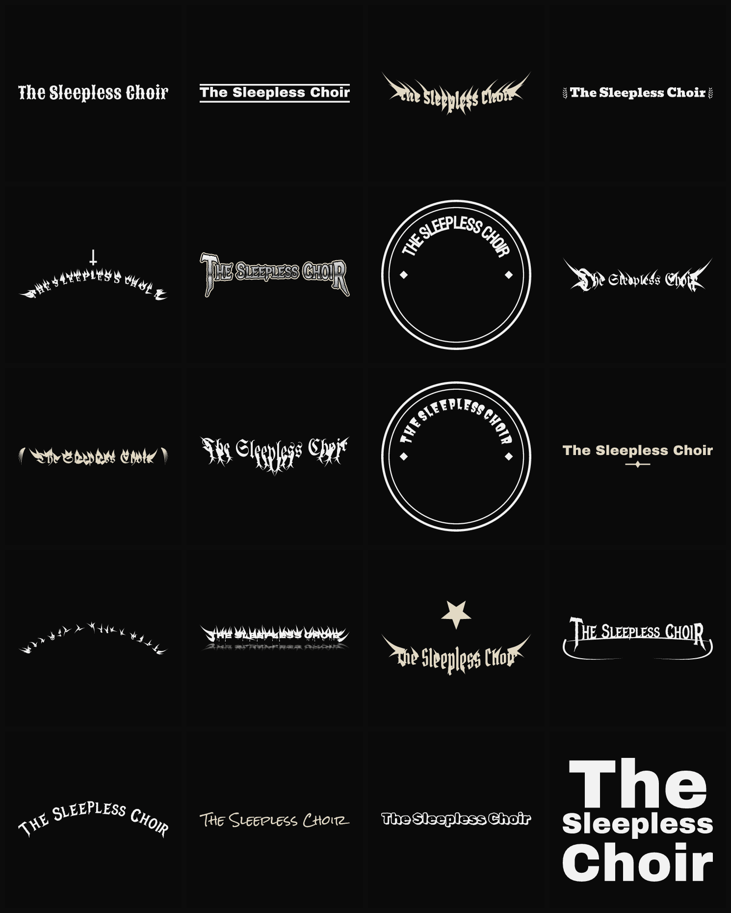 Twenty The Sleepless Choir band logo ideas — different faces, treatments and spike settings