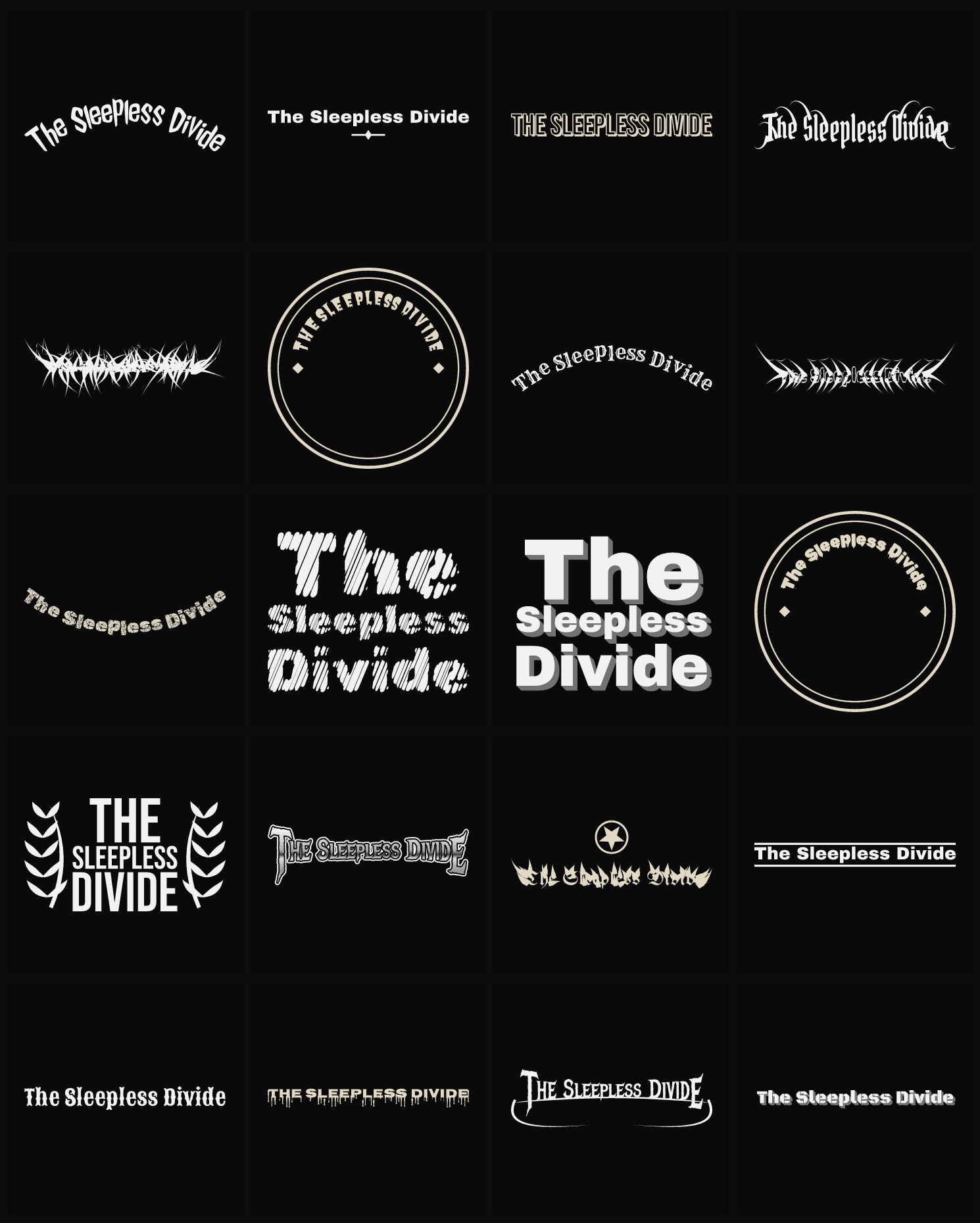 Twenty The Sleepless Divide band logo ideas — different faces, treatments and spike settings