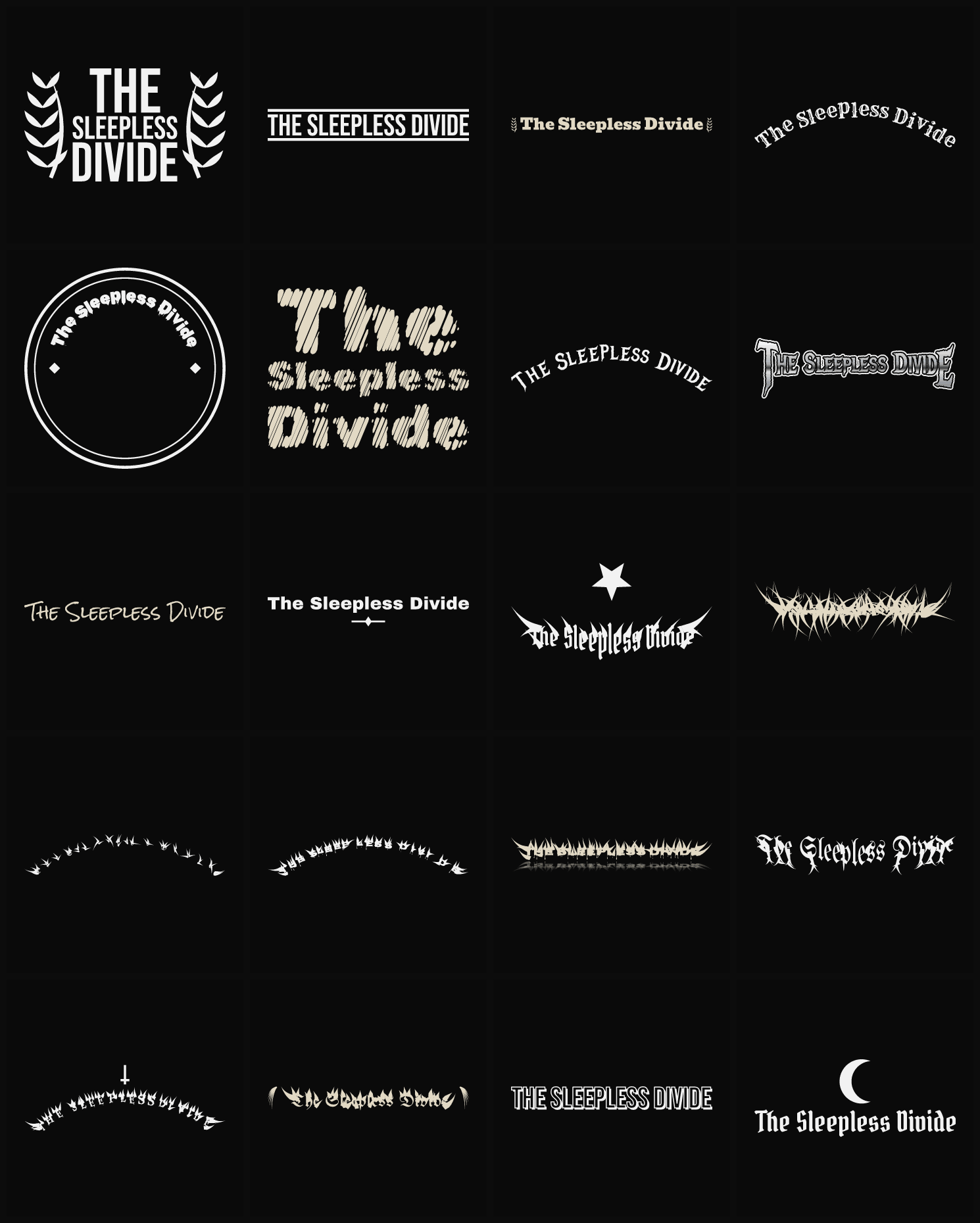 Twenty The Sleepless Divide band logo ideas — different faces, treatments and spike settings