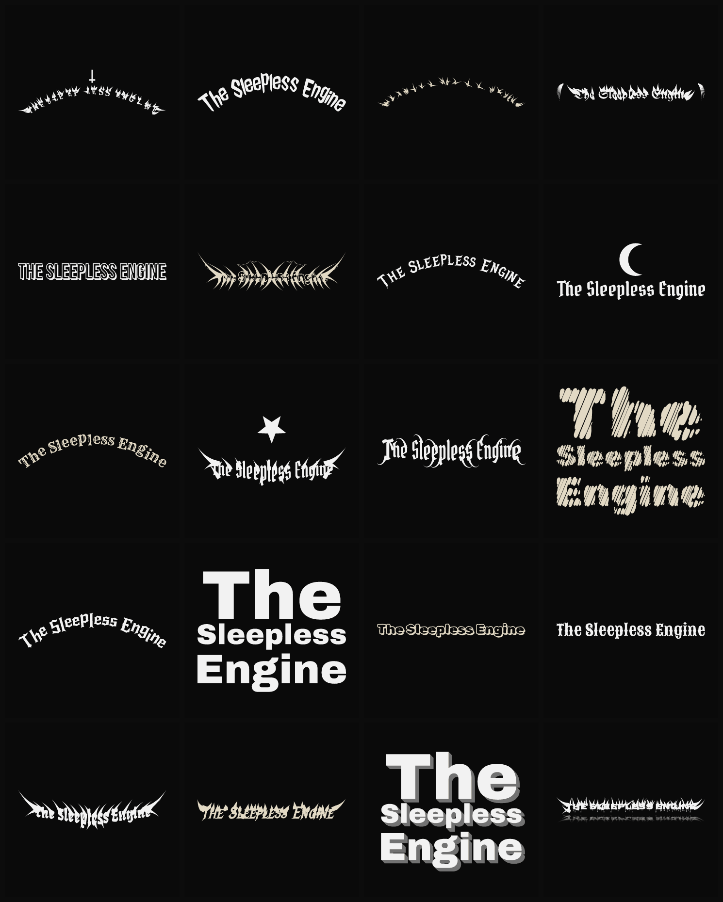 Twenty The Sleepless Engine band logo ideas — different faces, treatments and spike settings