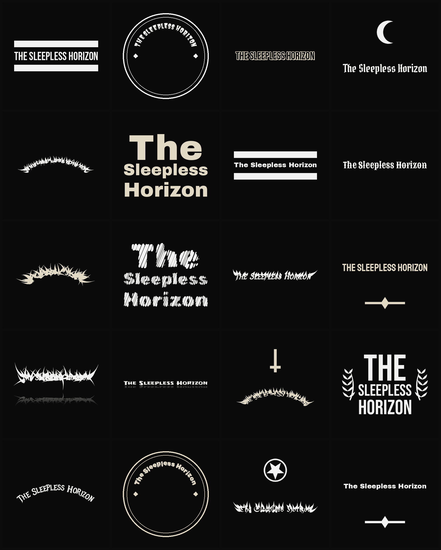 Twenty The Sleepless Horizon band logo ideas — different faces, treatments and spike settings