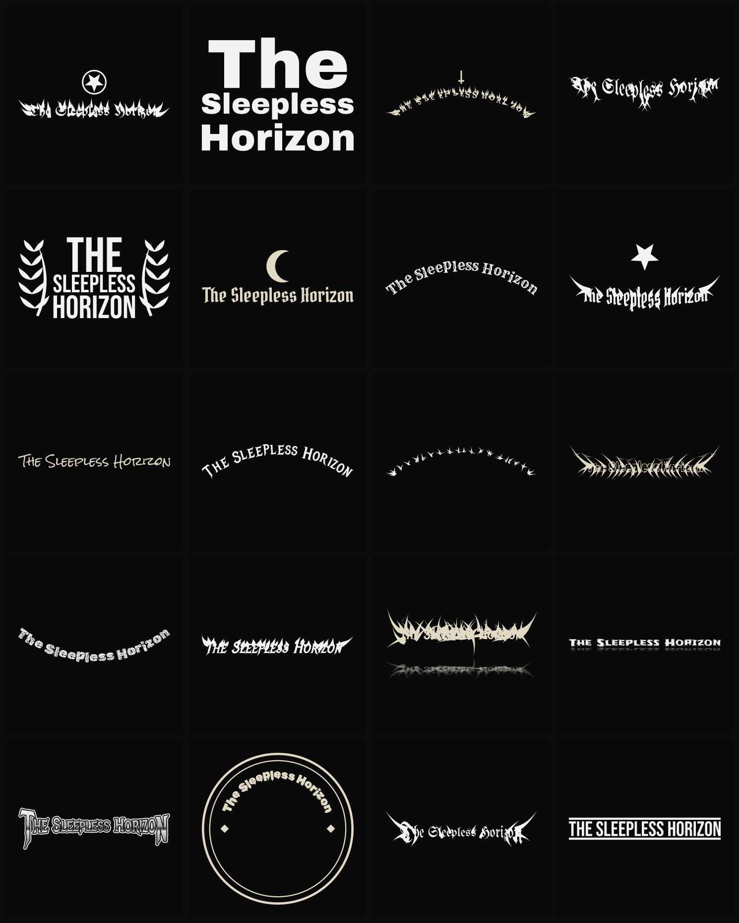Twenty The Sleepless Horizon band logo ideas — different faces, treatments and spike settings