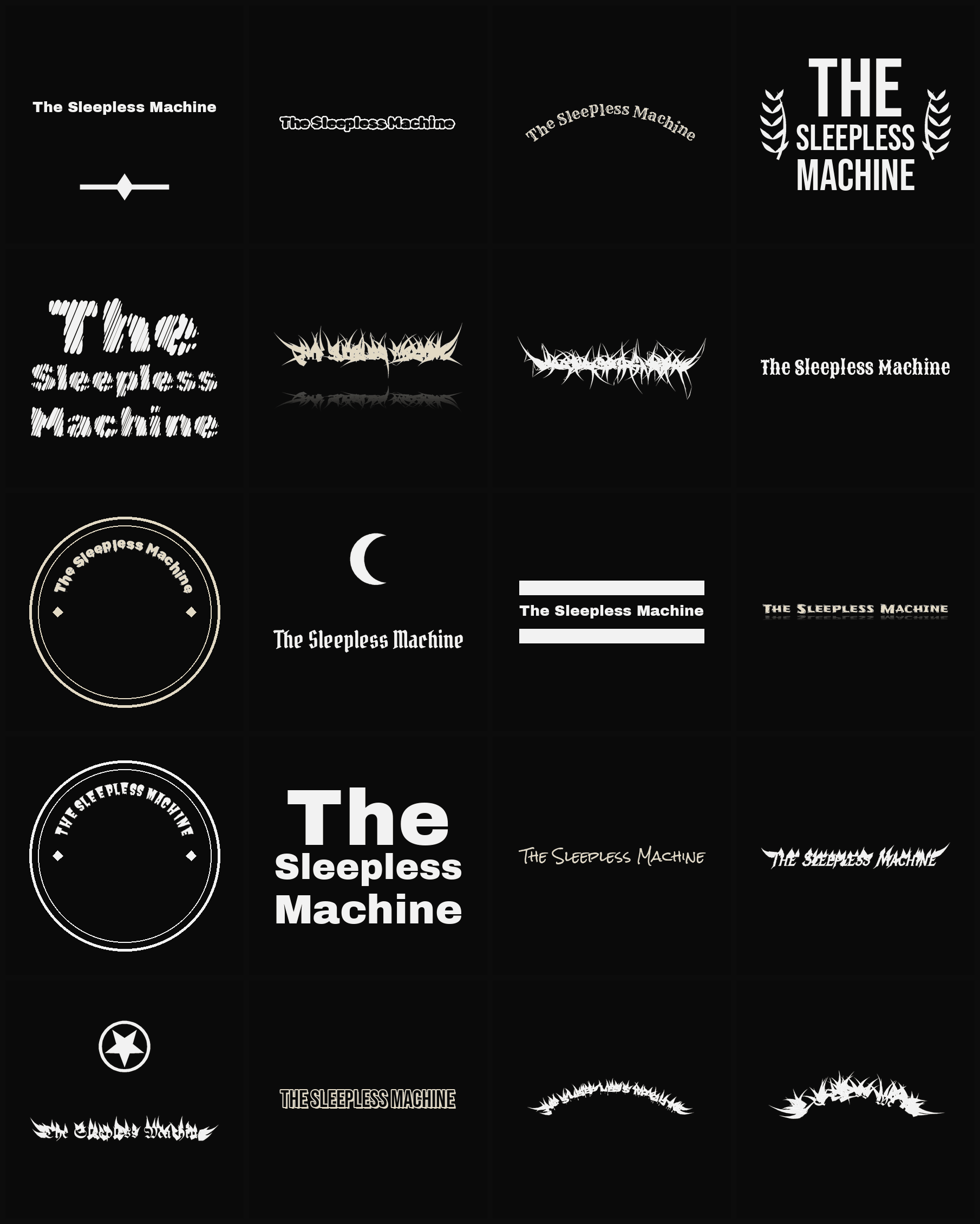 Twenty The Sleepless Machine band logo ideas — different faces, treatments and spike settings