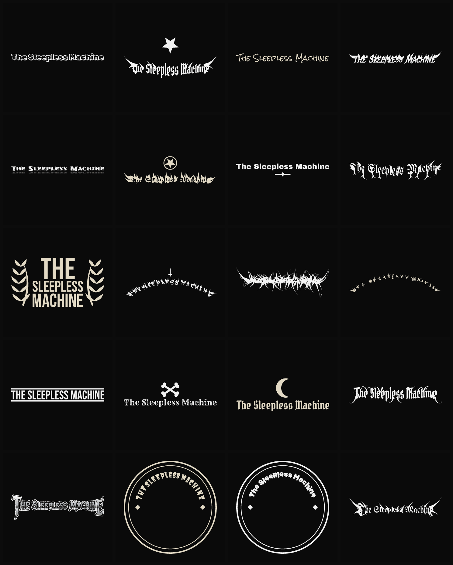 Twenty The Sleepless Machine band logo ideas — different faces, treatments and spike settings