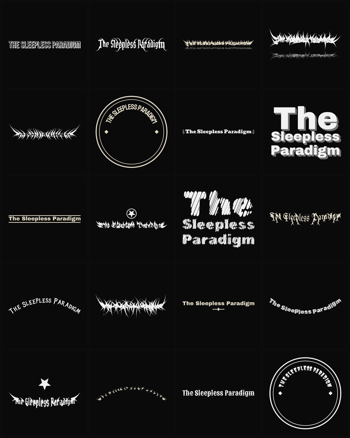 Twenty The Sleepless Paradigm band logo ideas — different faces, treatments and spike settings
