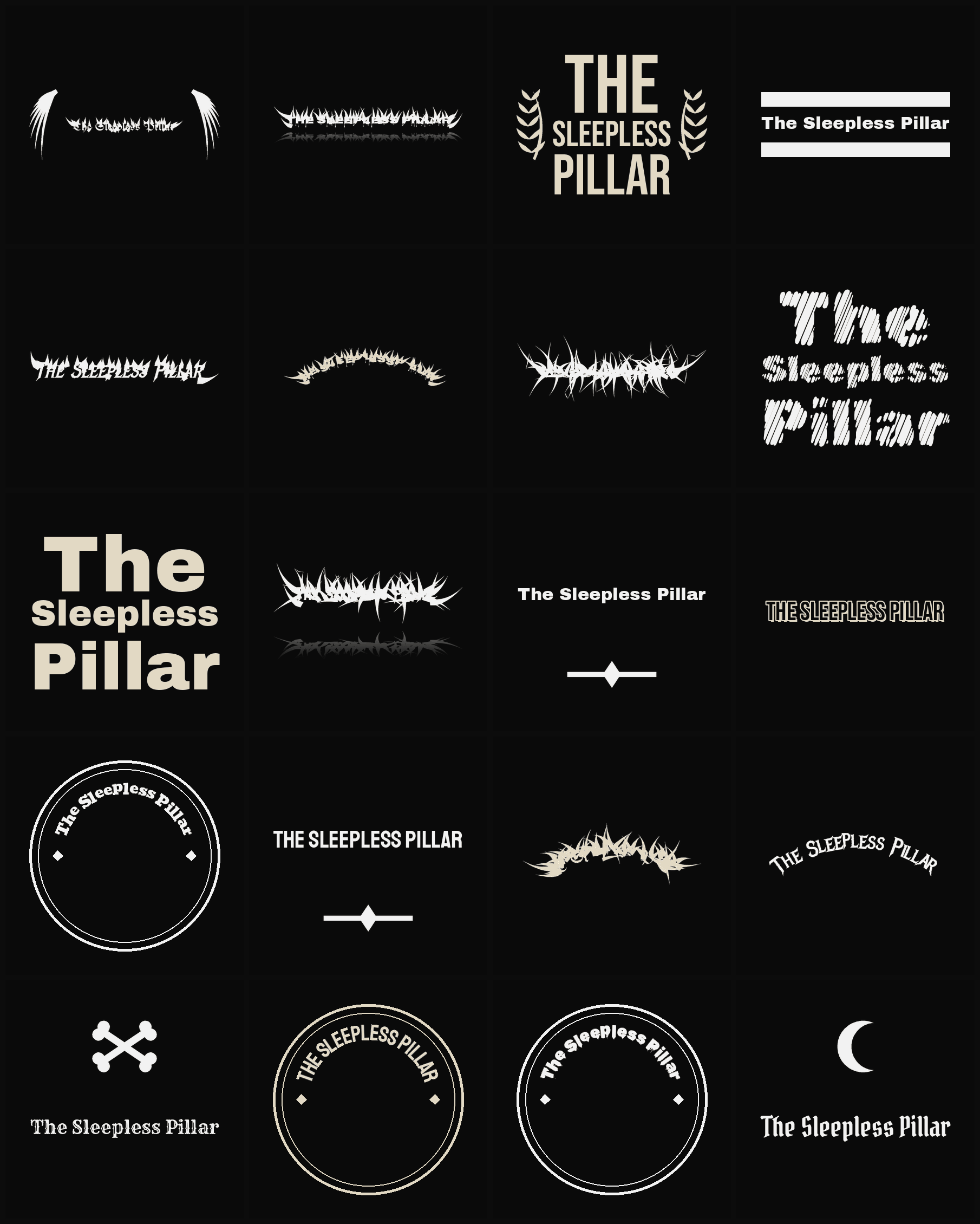 Twenty The Sleepless Pillar band logo ideas — different faces, treatments and spike settings