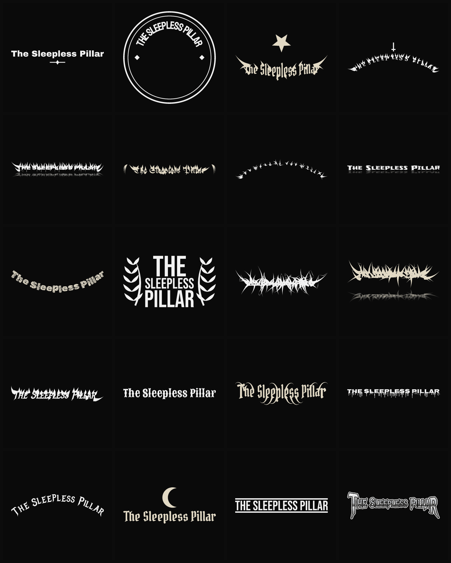 Twenty The Sleepless Pillar band logo ideas — different faces, treatments and spike settings