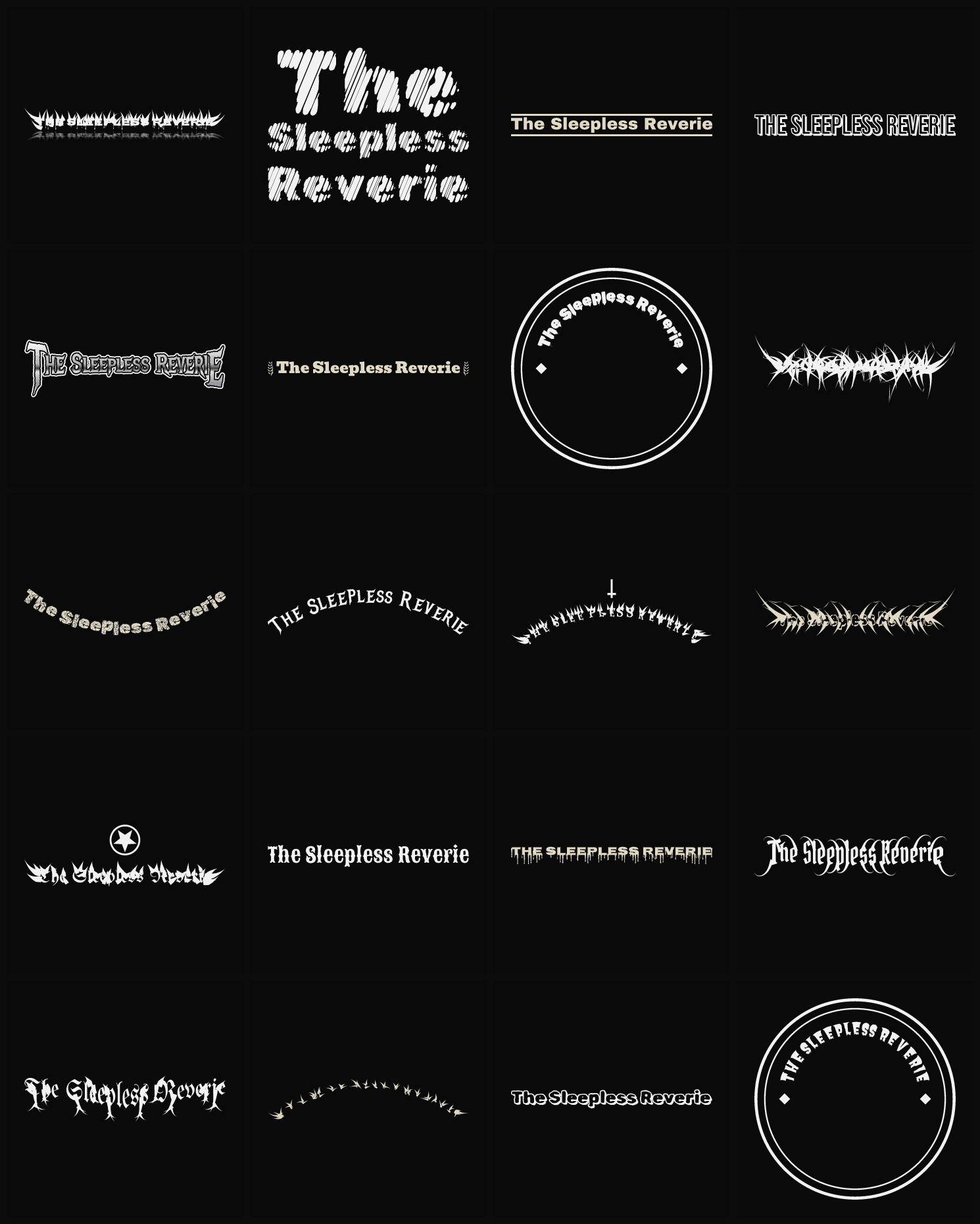 Twenty The Sleepless Reverie band logo ideas — different faces, treatments and spike settings