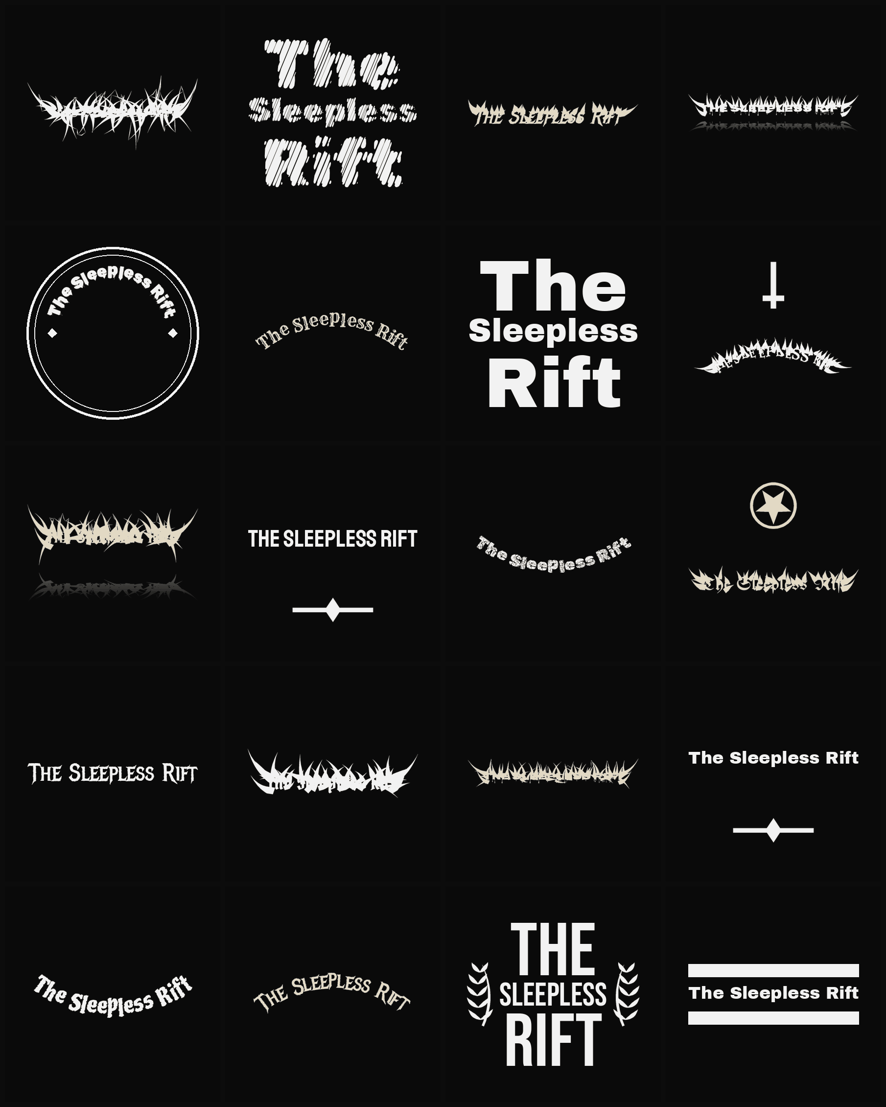 Twenty The Sleepless Rift band logo ideas — different faces, treatments and spike settings