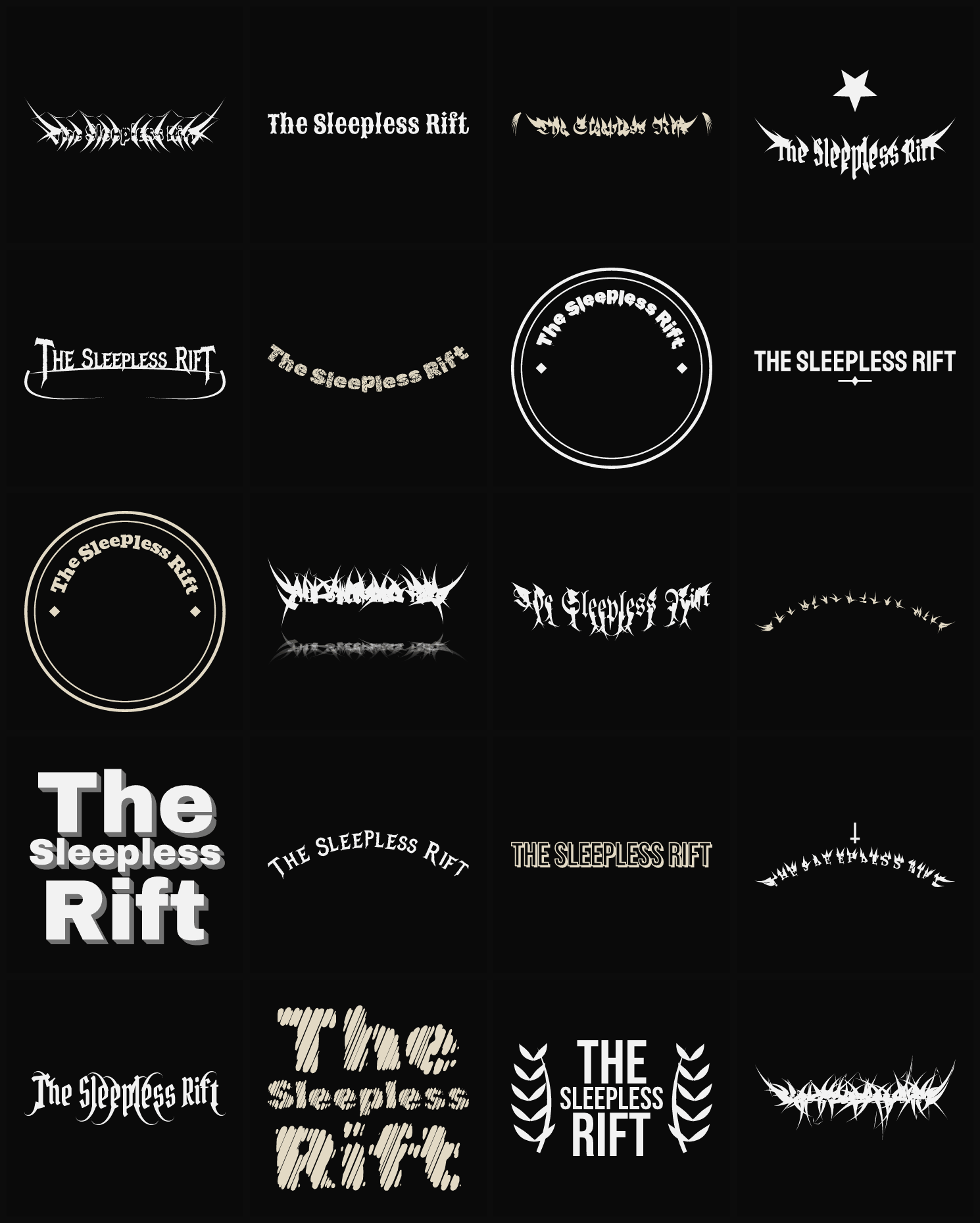 Twenty The Sleepless Rift band logo ideas — different faces, treatments and spike settings