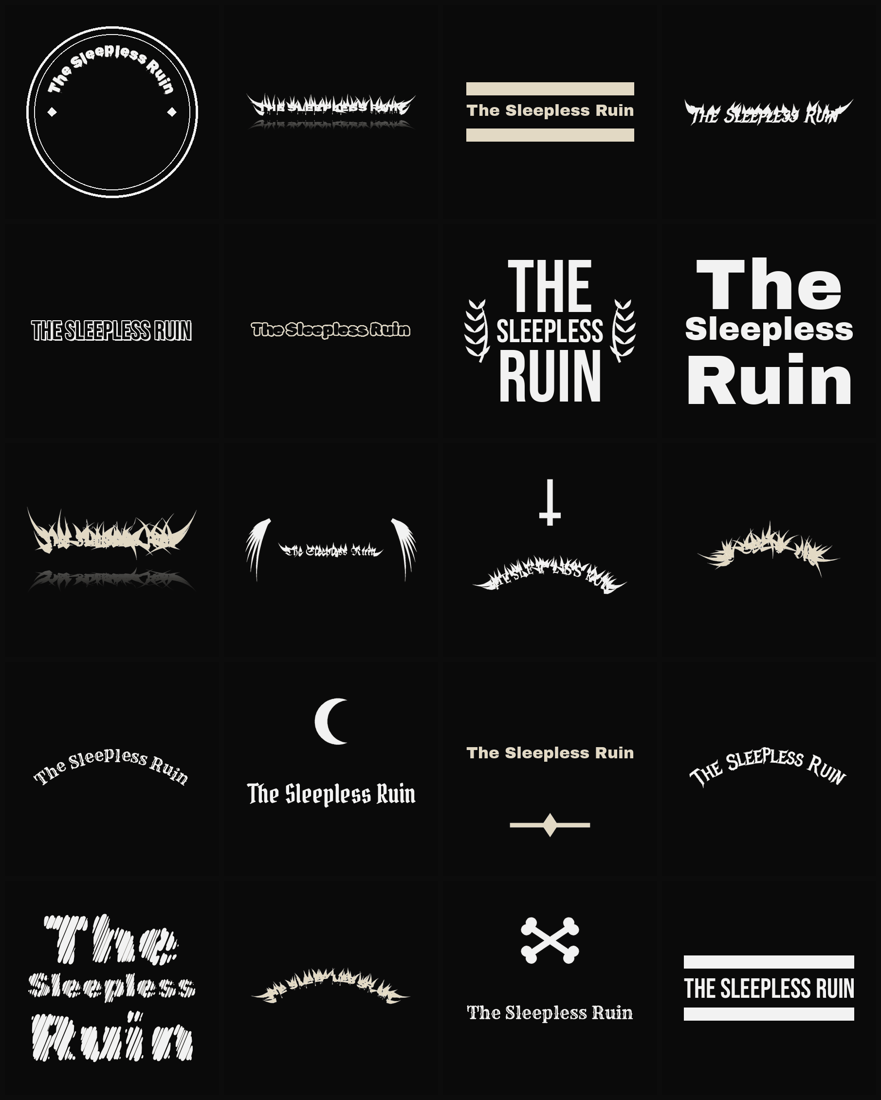 Twenty The Sleepless Ruin band logo ideas — different faces, treatments and spike settings