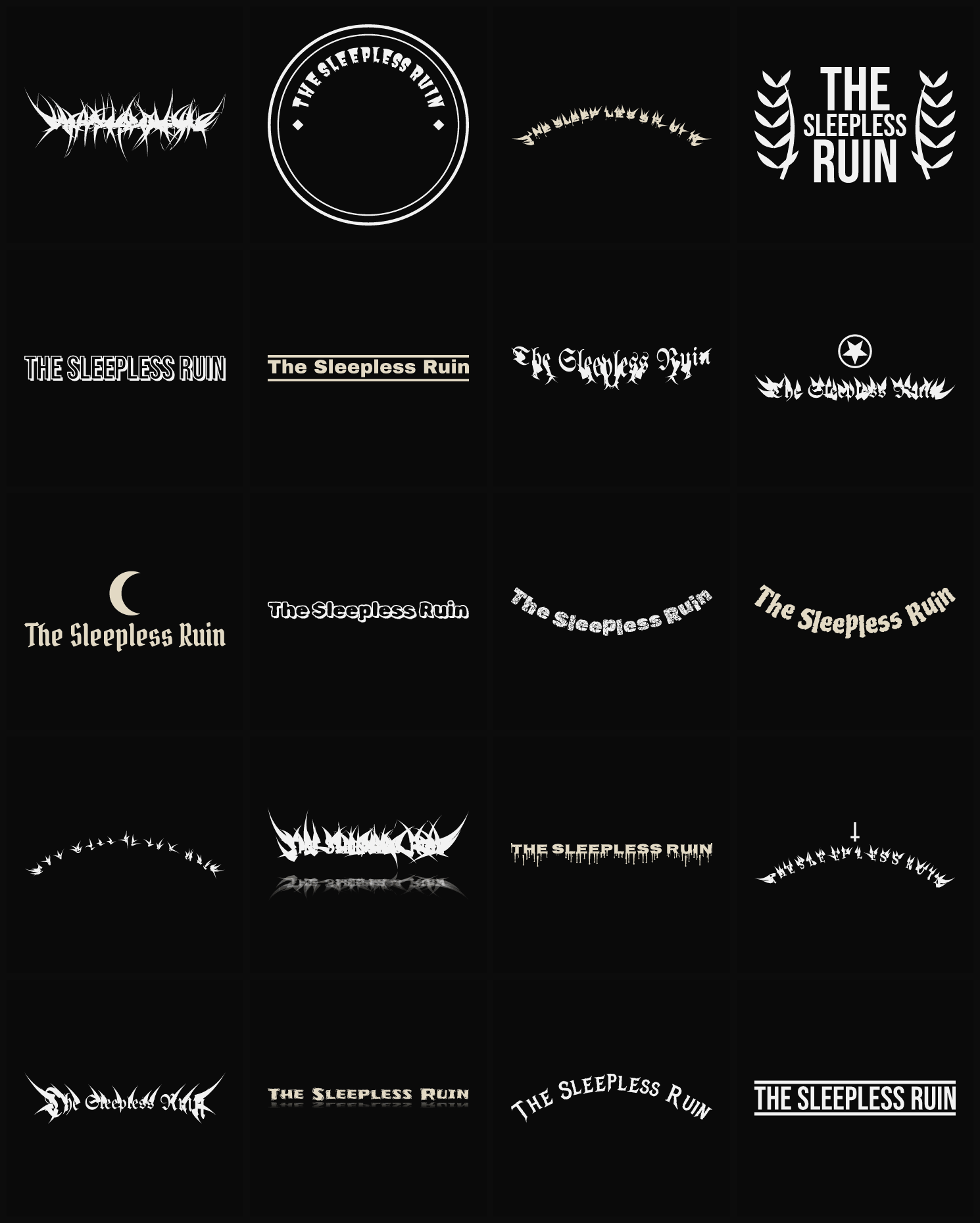 Twenty The Sleepless Ruin band logo ideas — different faces, treatments and spike settings
