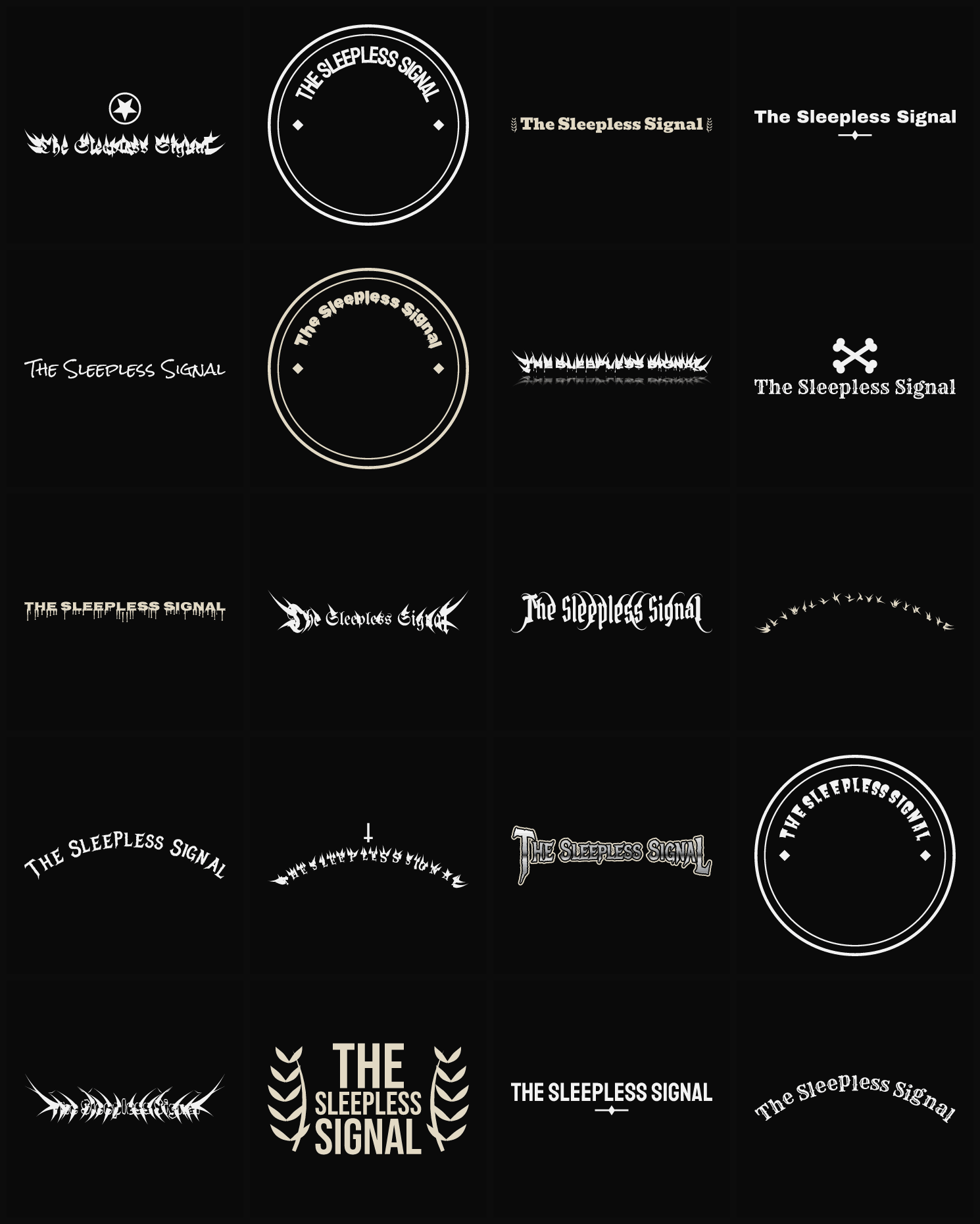 Twenty The Sleepless Signal band logo ideas — different faces, treatments and spike settings