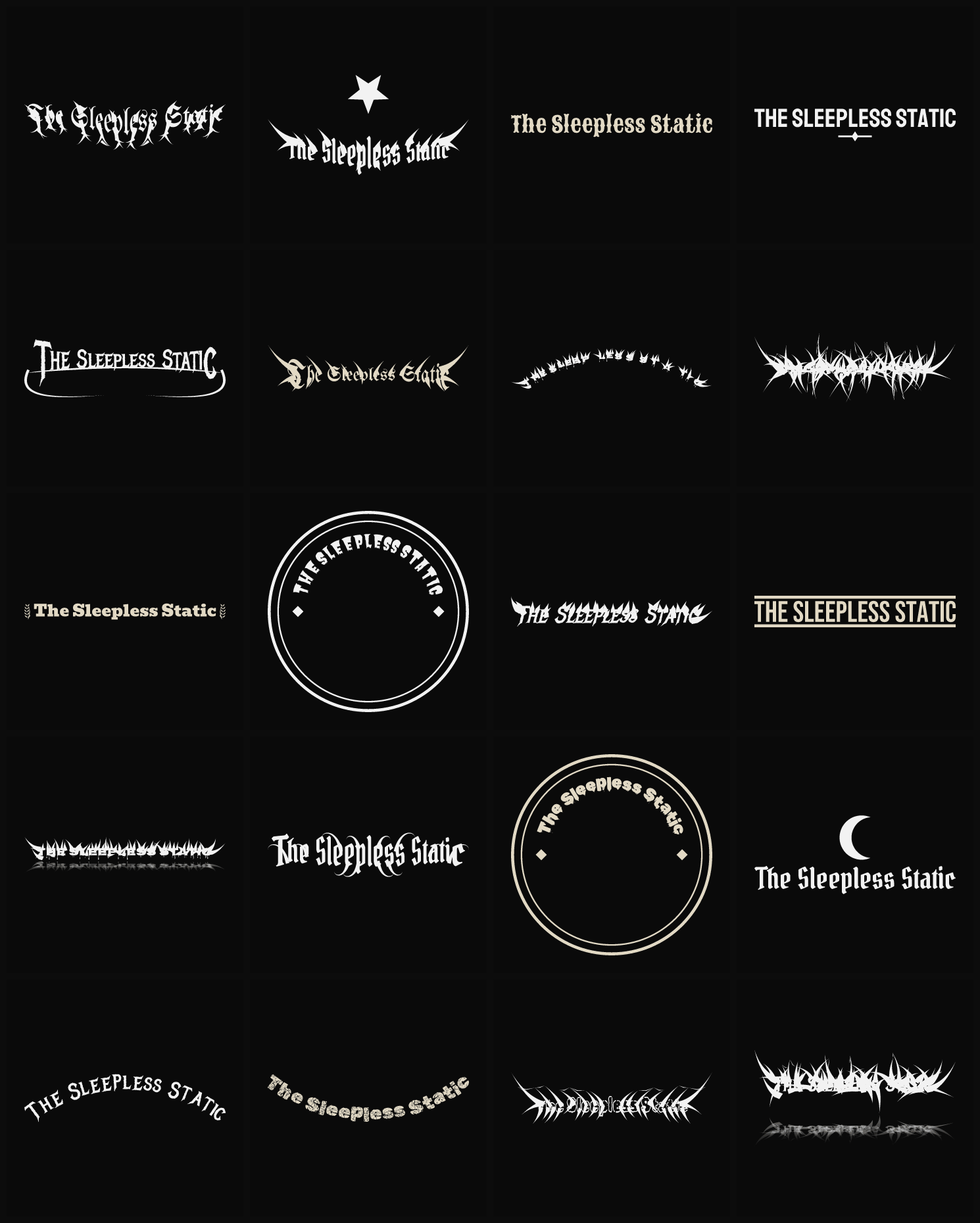 Twenty The Sleepless Static band logo ideas — different faces, treatments and spike settings