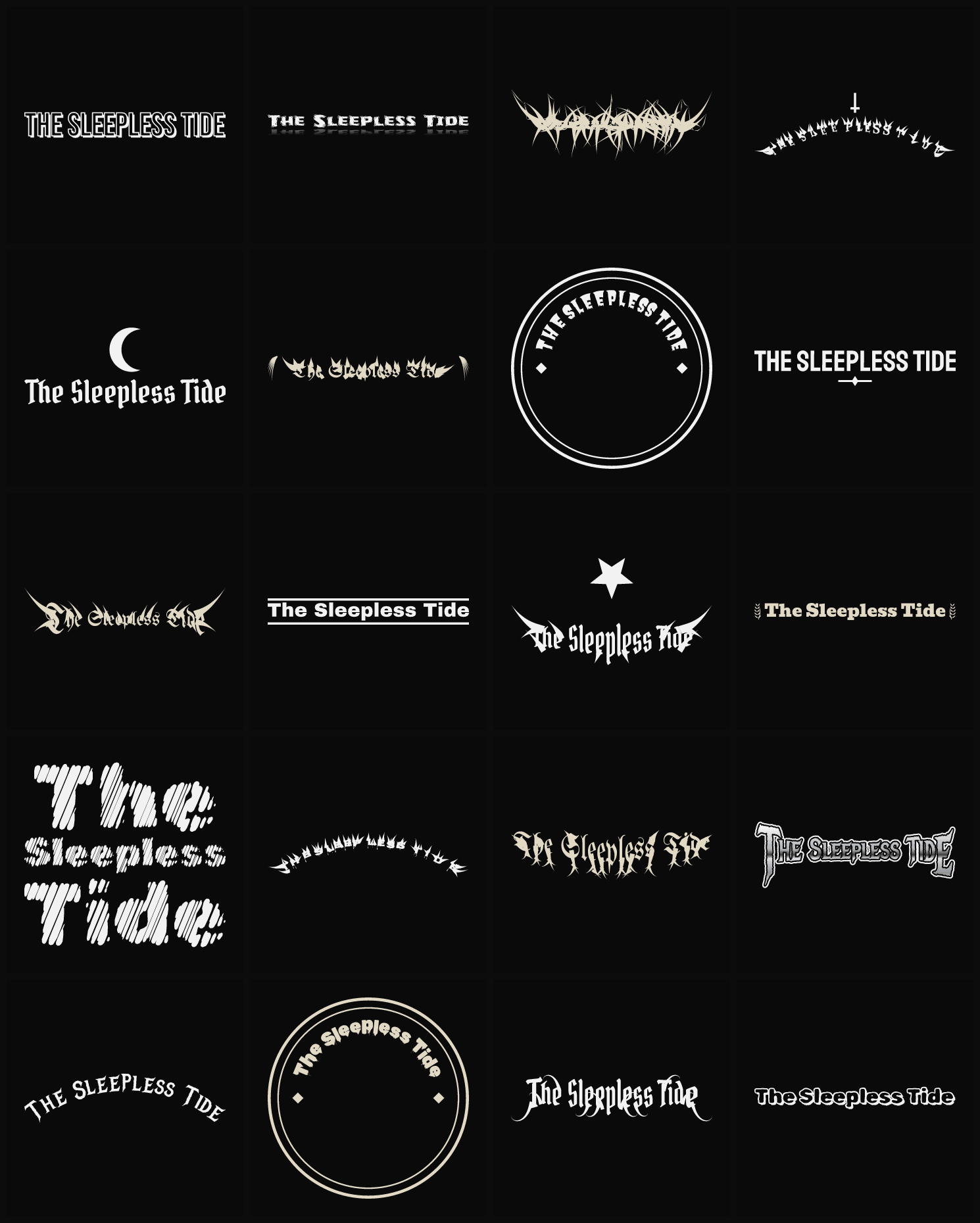 Twenty The Sleepless Tide band logo ideas — different faces, treatments and spike settings