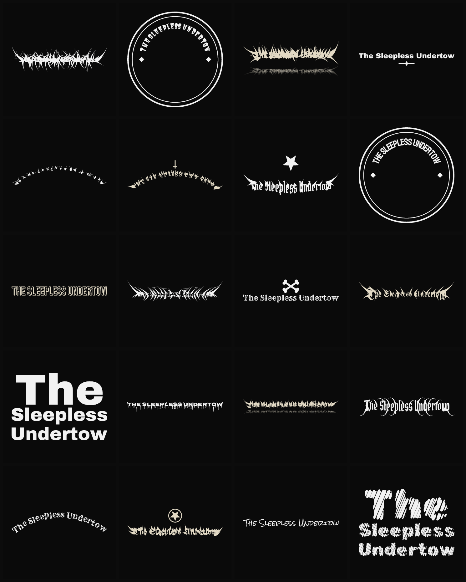 Twenty The Sleepless Undertow band logo ideas — different faces, treatments and spike settings