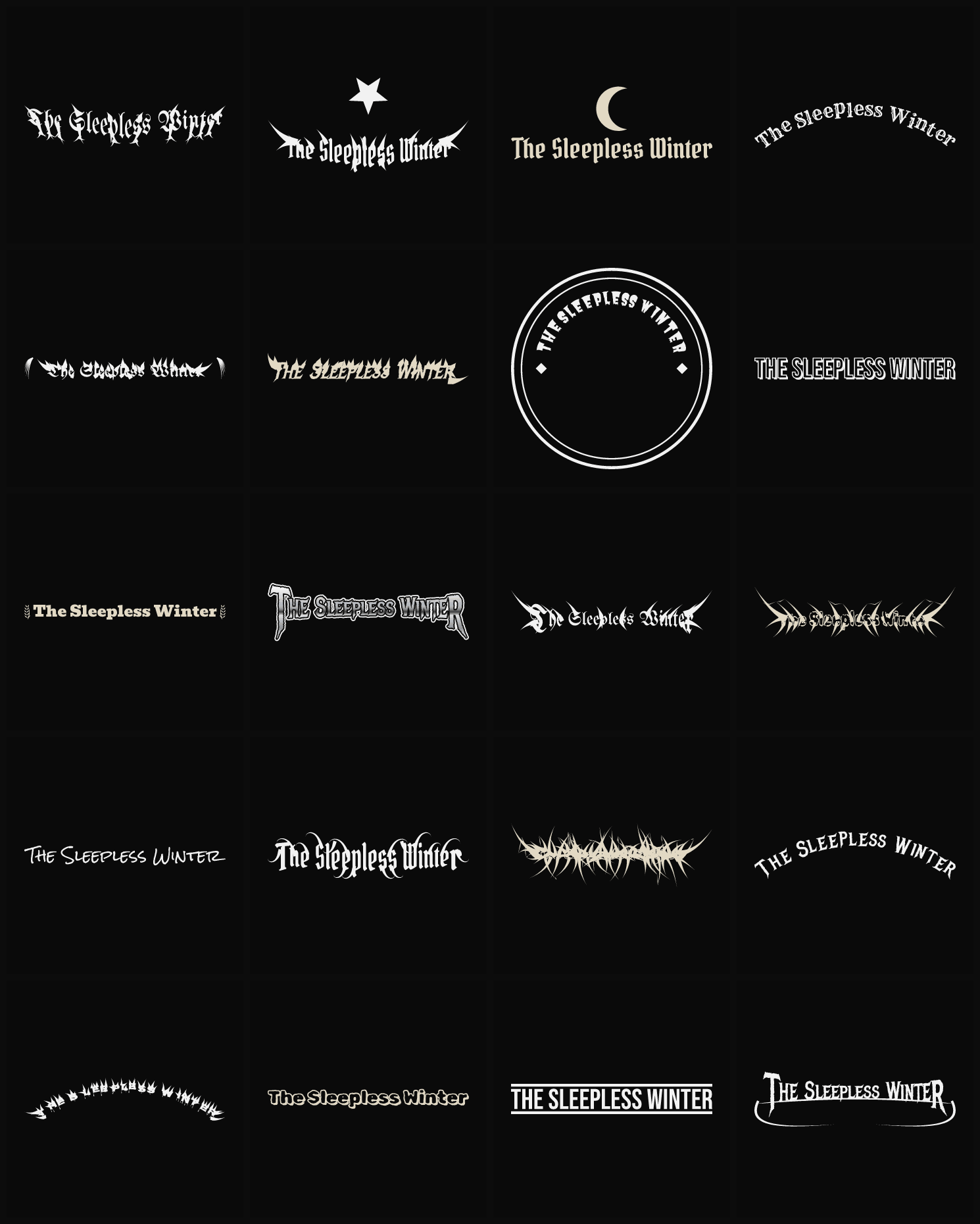 Twenty The Sleepless Winter band logo ideas — different faces, treatments and spike settings
