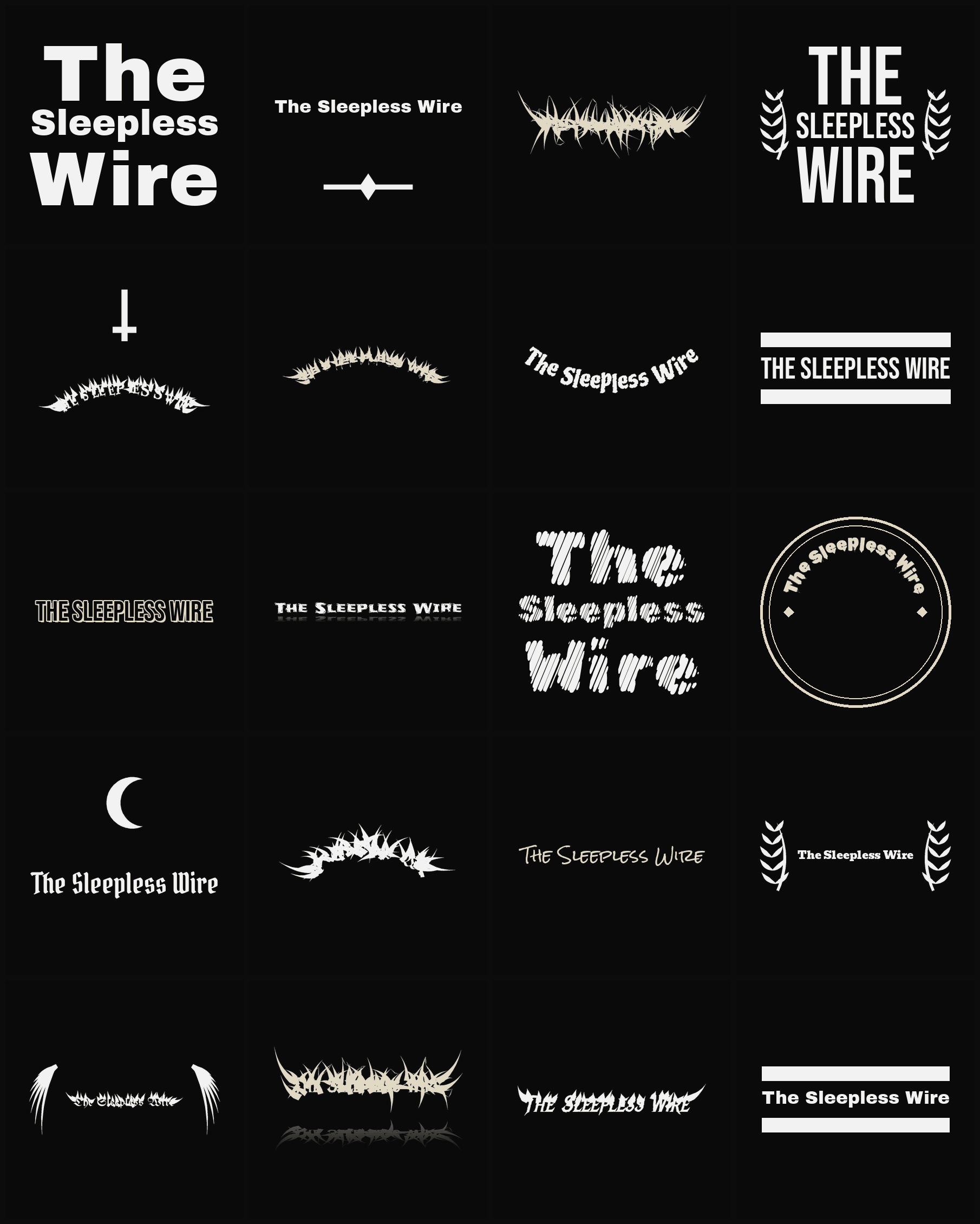 Twenty The Sleepless Wire band logo ideas — different faces, treatments and spike settings