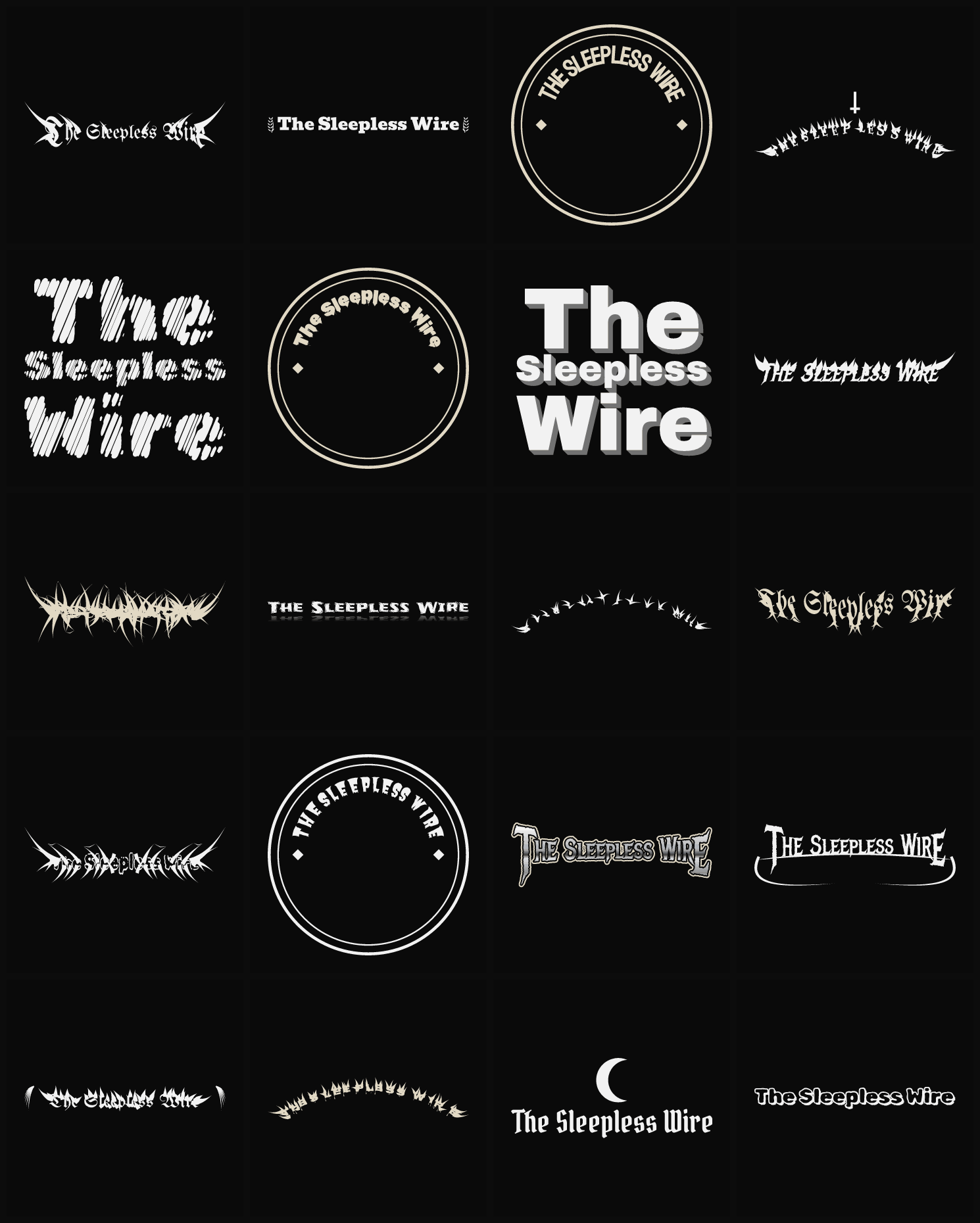 Twenty The Sleepless Wire band logo ideas — different faces, treatments and spike settings