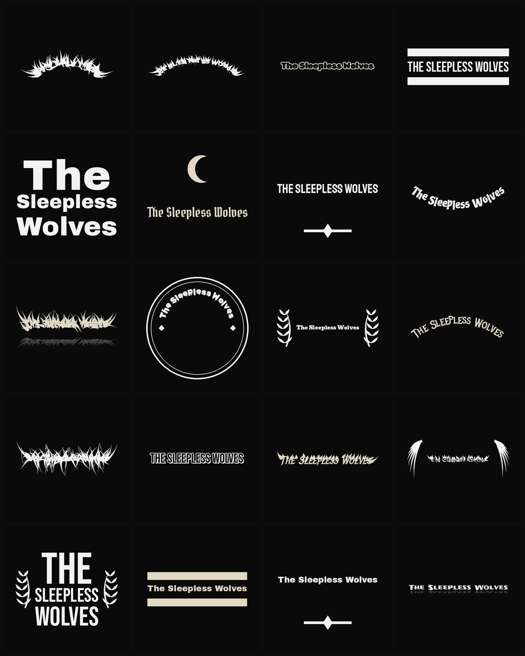 Twenty The Sleepless Wolves band logo ideas — different faces, treatments and spike settings