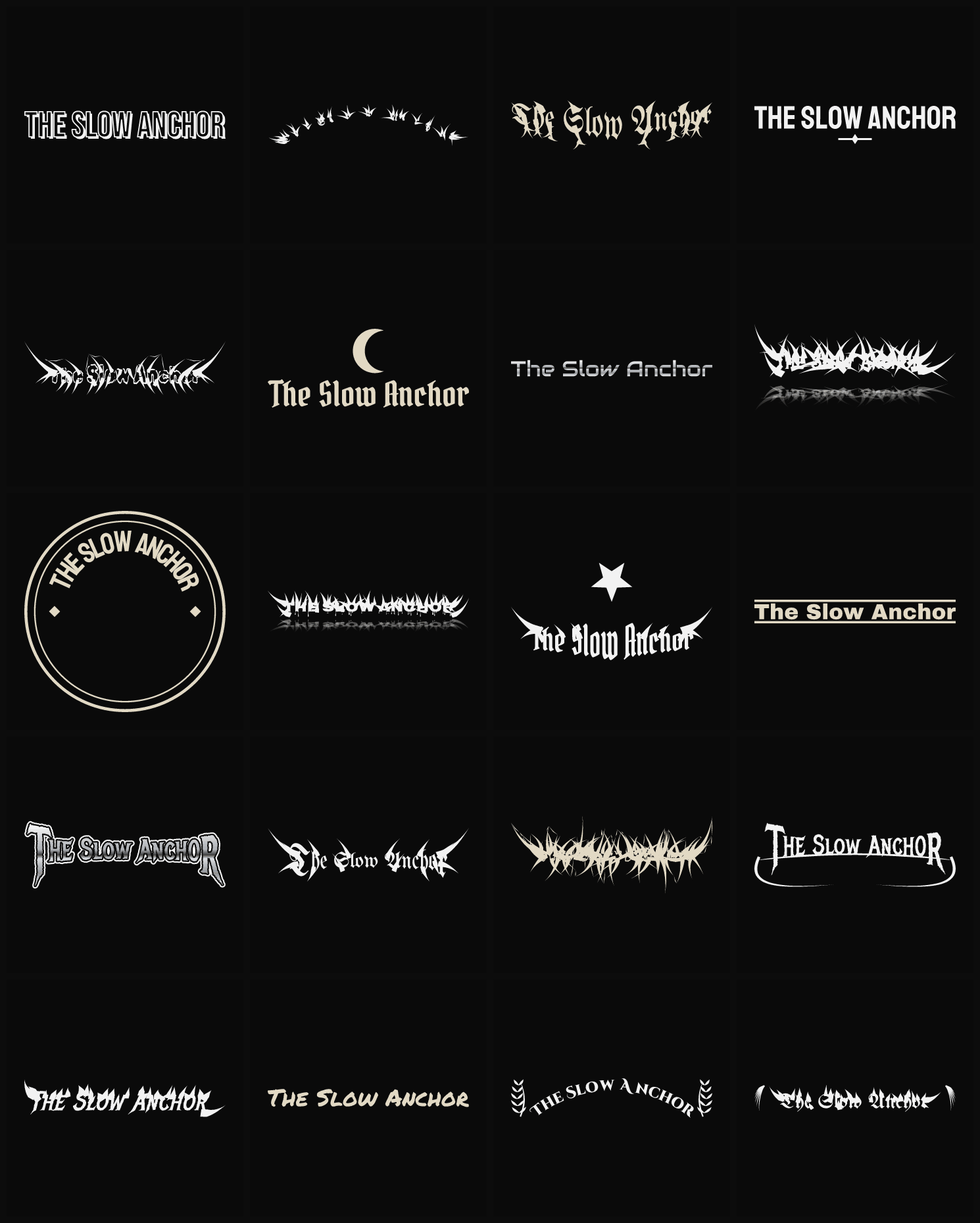 Twenty The Slow Anchor band logo ideas — different faces, treatments and spike settings