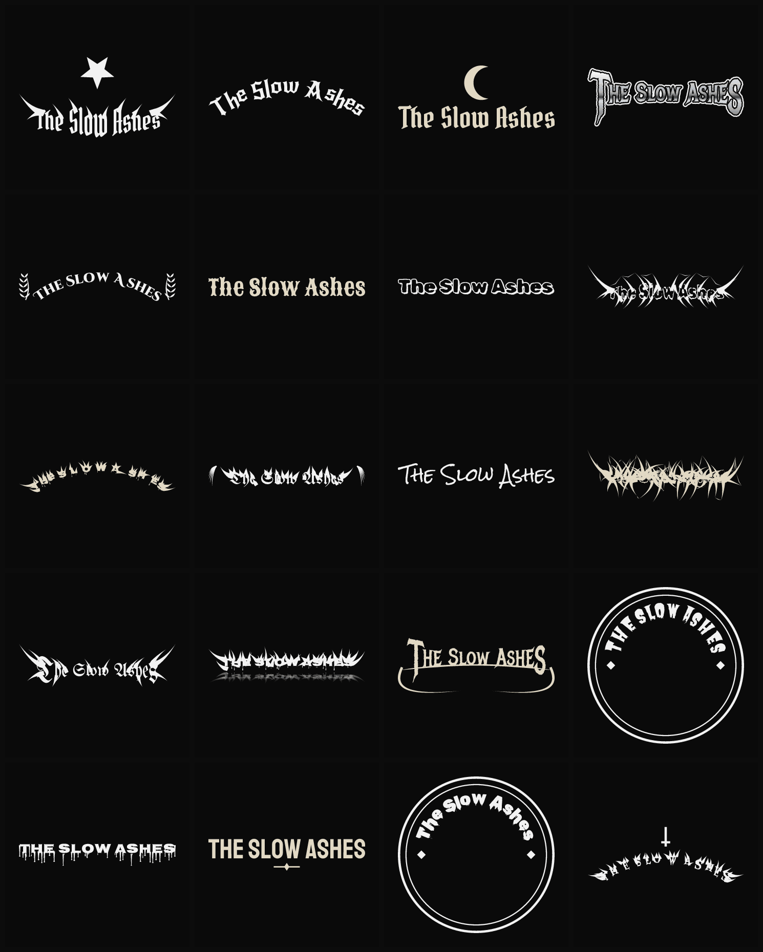 Twenty The Slow Ashes band logo ideas — different faces, treatments and spike settings
