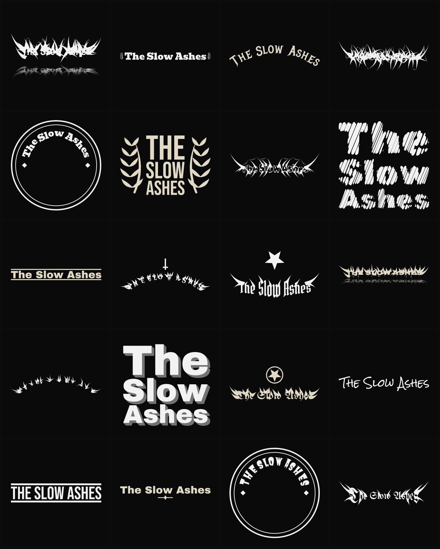 Twenty The Slow Ashes band logo ideas — different faces, treatments and spike settings