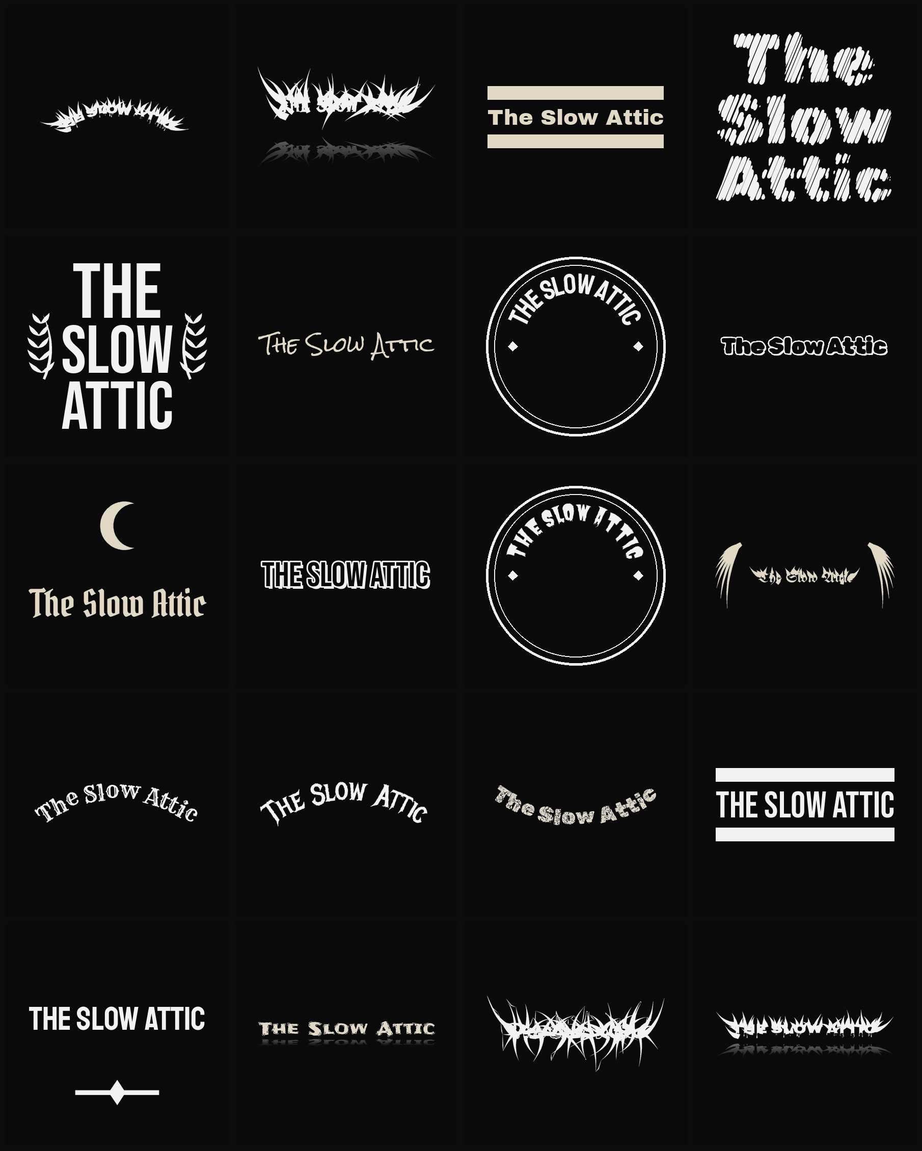 Twenty The Slow Attic band logo ideas — different faces, treatments and spike settings
