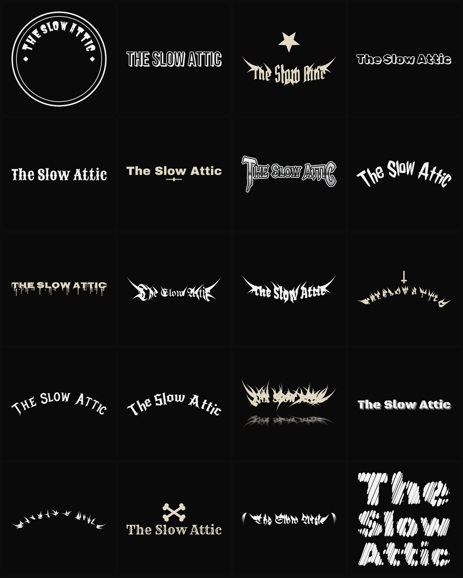 Twenty The Slow Attic band logo ideas — different faces, treatments and spike settings