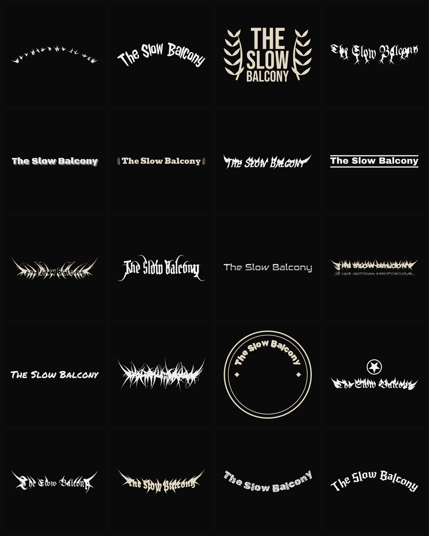 Twenty The Slow Balcony band logo ideas — different faces, treatments and spike settings